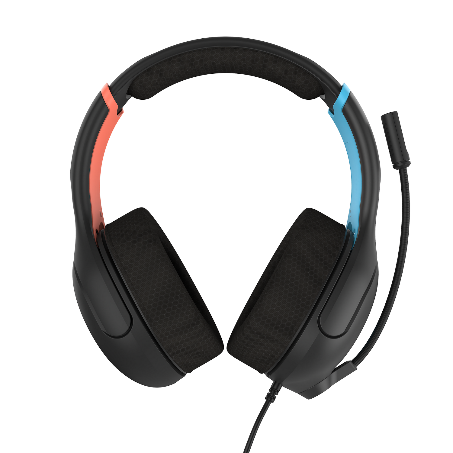 Auriculares para juegos negros con detalles en naranja y azul. Incluyen micrófono y almohadillas acolchadas. Fondo gris.