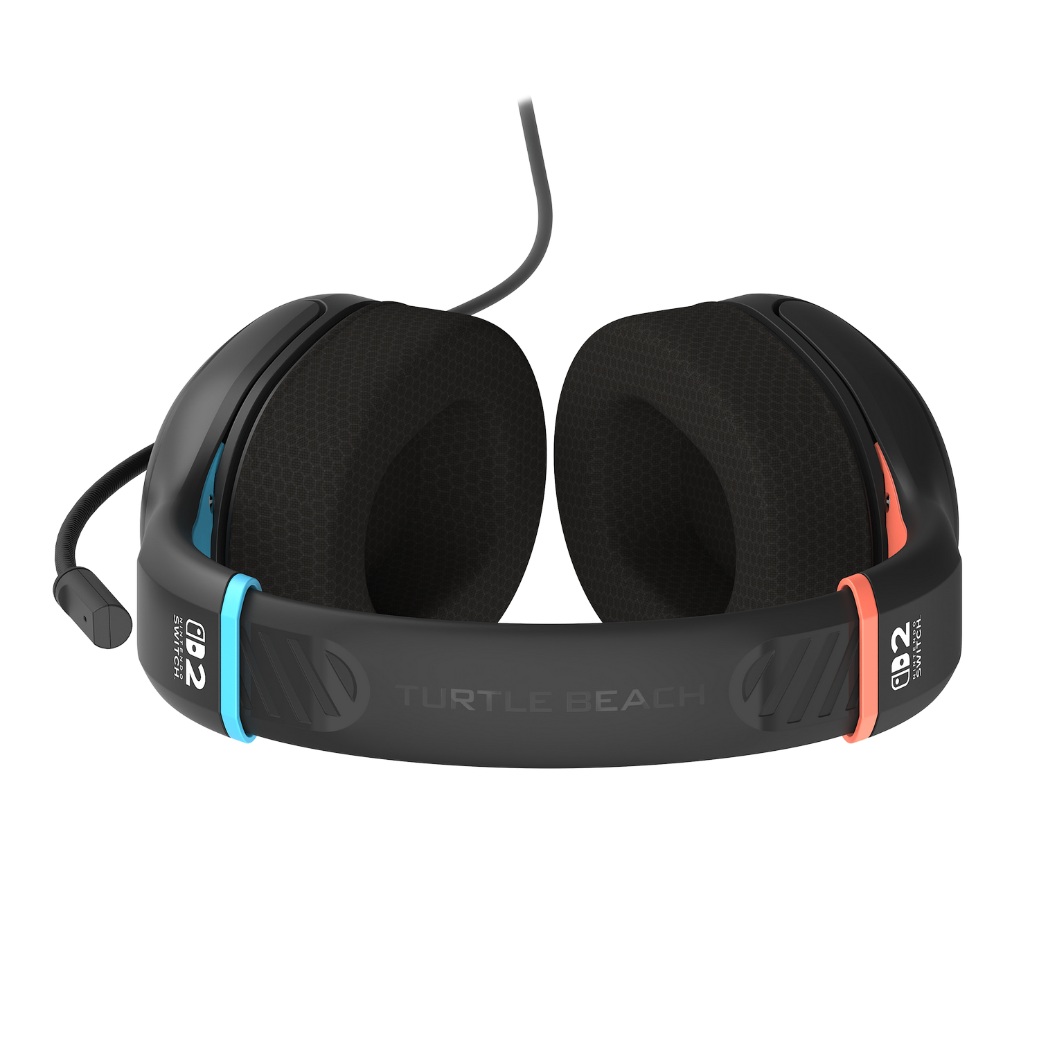 Auriculares para juegos negros con detalles en azul y naranja. Cuenta con micrófono y la palabra 'Turtle Beach' en la diadema.