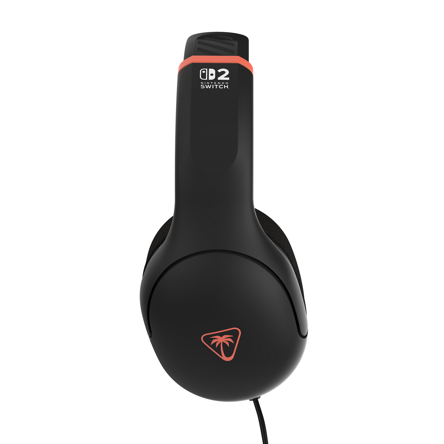 Auriculares para juegos negros con detalles en naranja, con el logotipo de Nintendo Switch. Un logotipo rojo es visible en la copa.