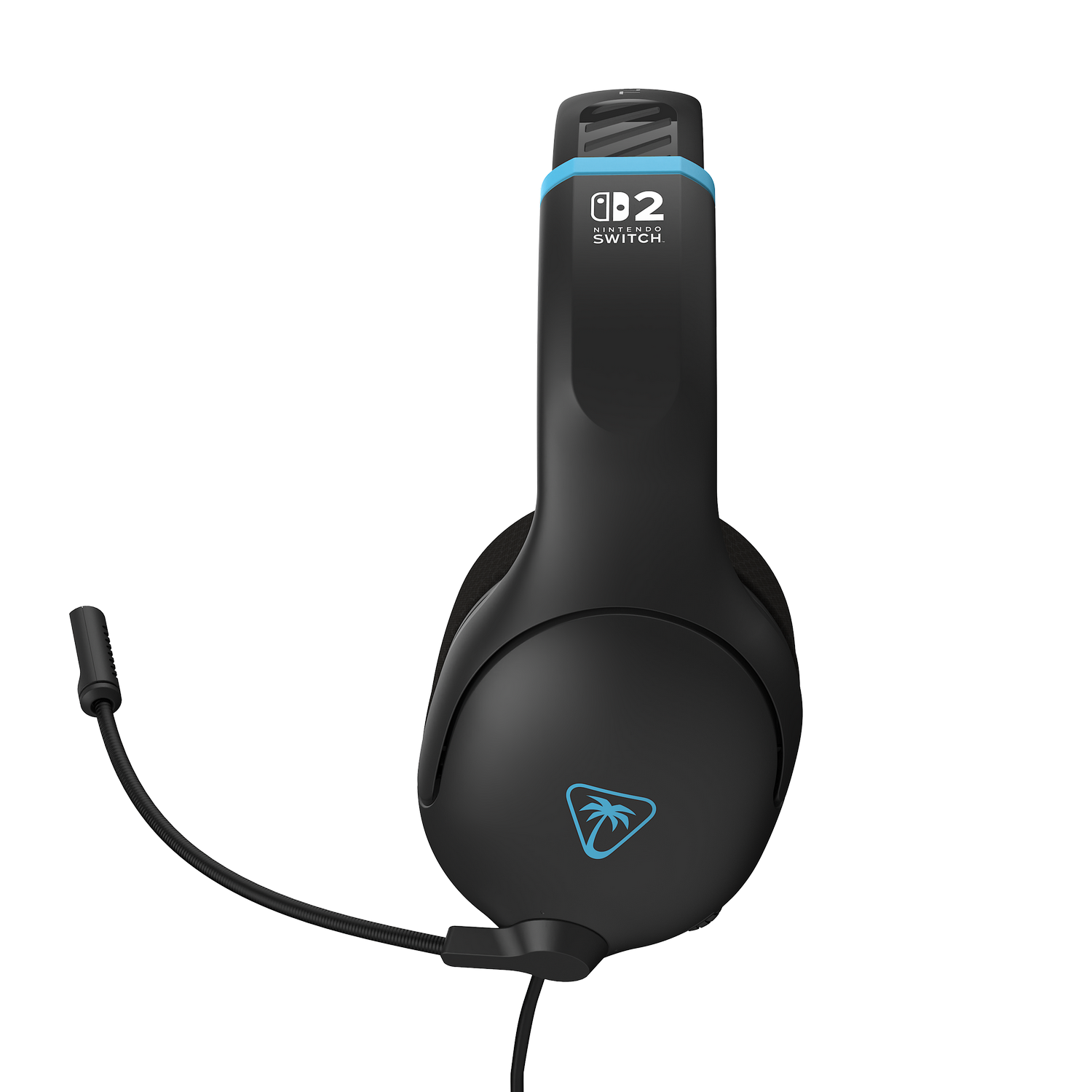 Auriculares gaming negros con detalles azules y micrófono. Presentan el logo de Nintendo Switch y un logo de palmera.
