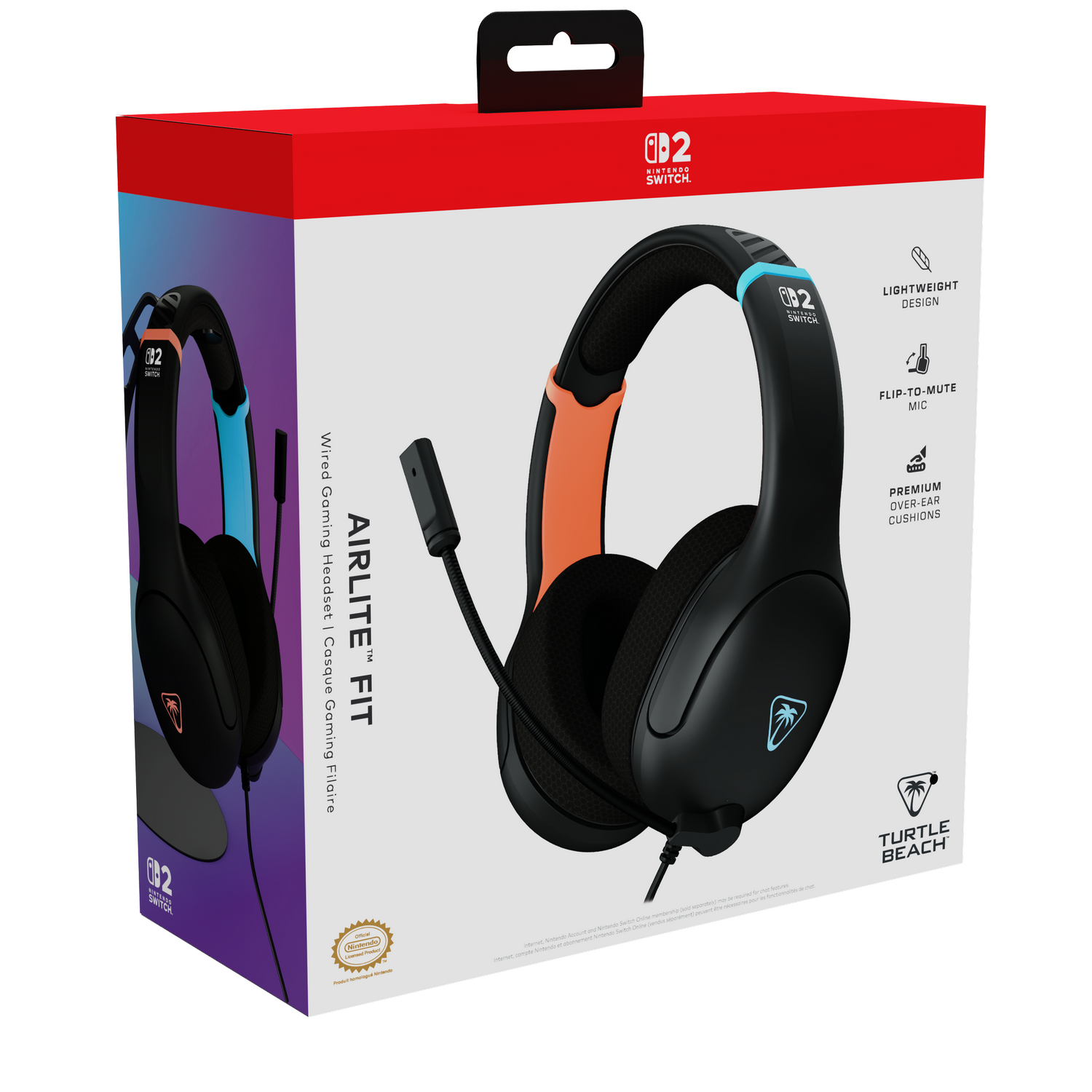 Auriculares para juegos negros en caja con detalles naranjas y azules, etiquetados 'Airlite Fit' y 'Turtle Beach', para Nintendo Switch.