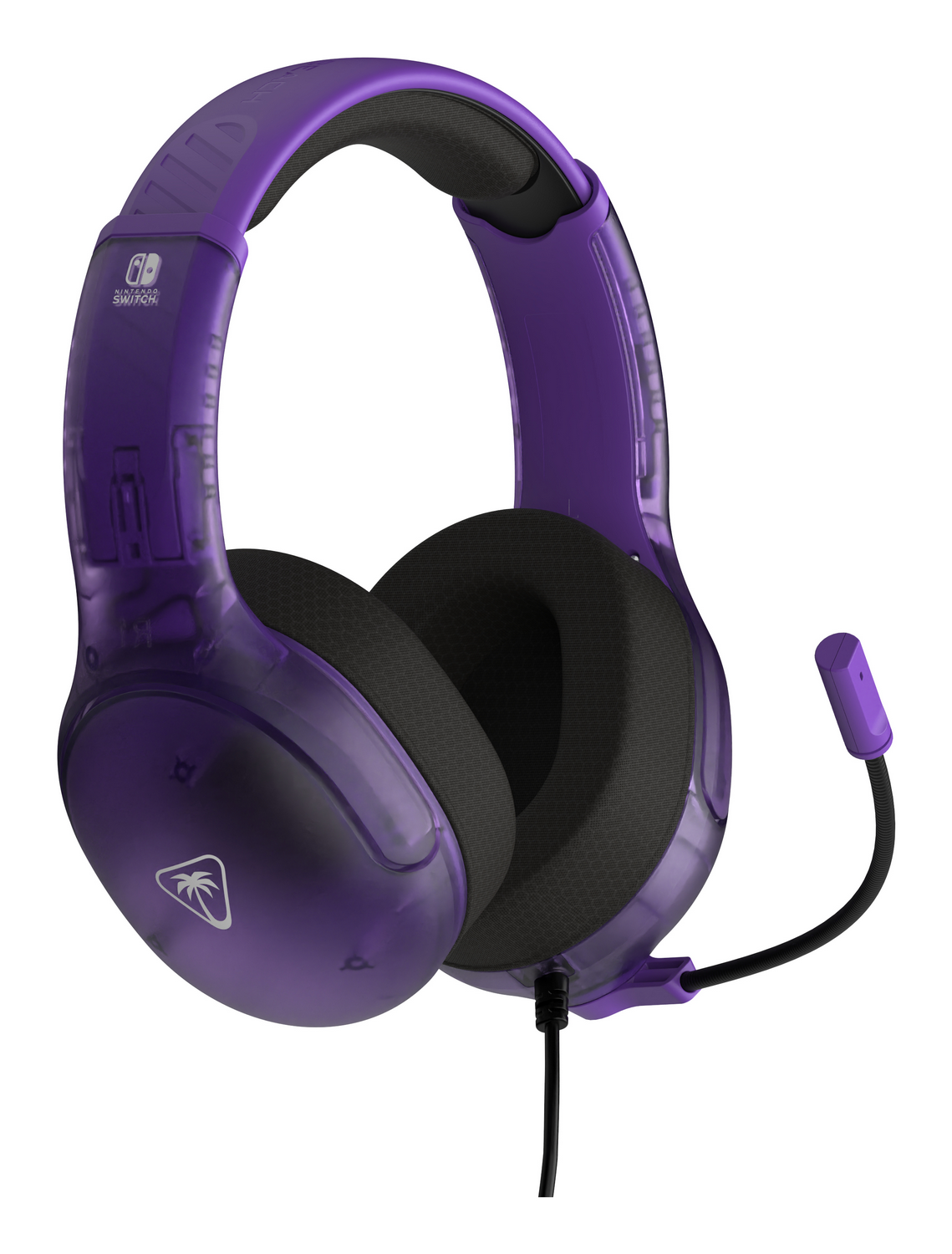 Auriculares para juegos morados con almohadillas negras y micrófono. Los auriculares son para Nintendo Switch.