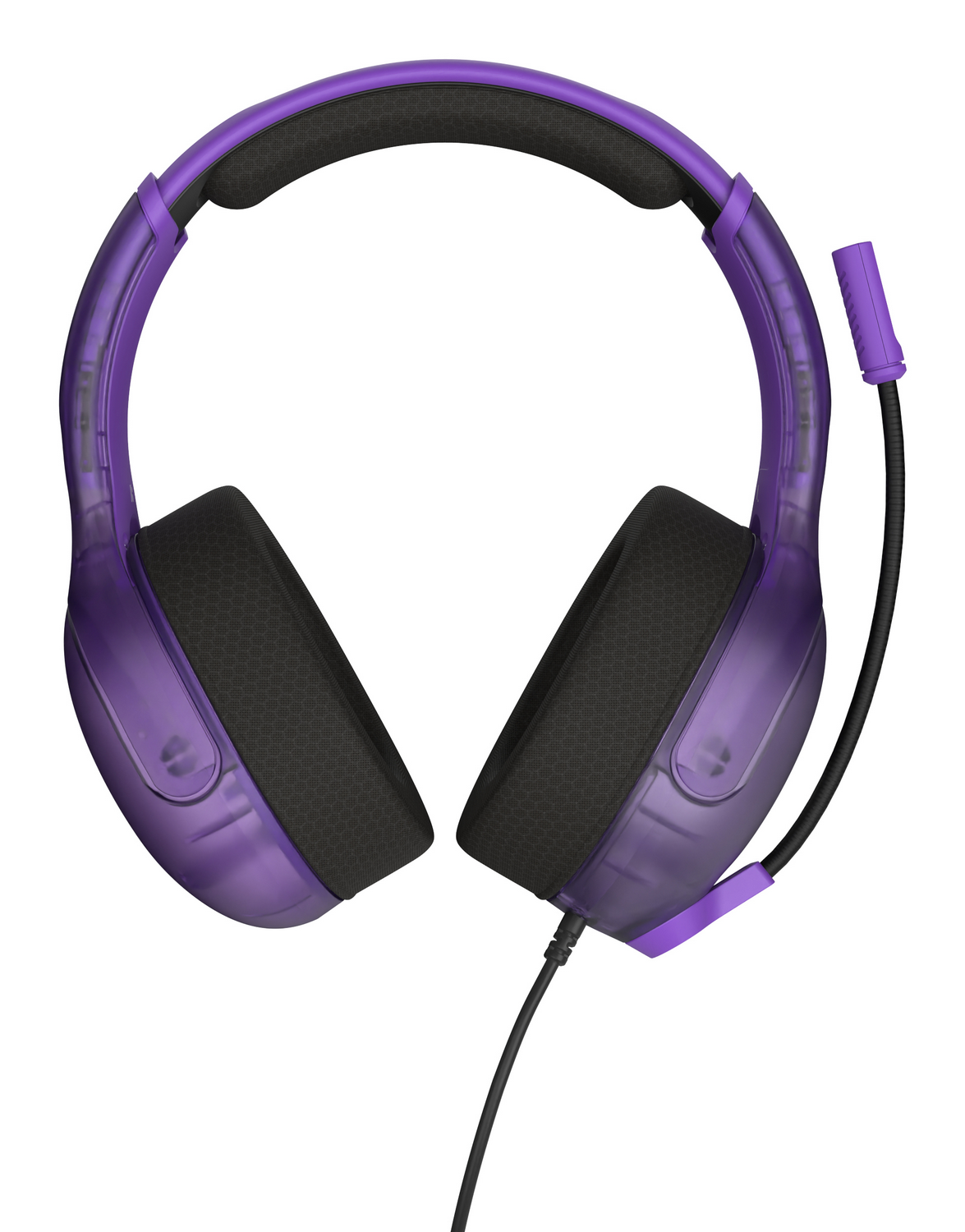 Auriculares para juegos morados con almohadillas negras y micrófono. El auricular está sobre un fondo blanco.