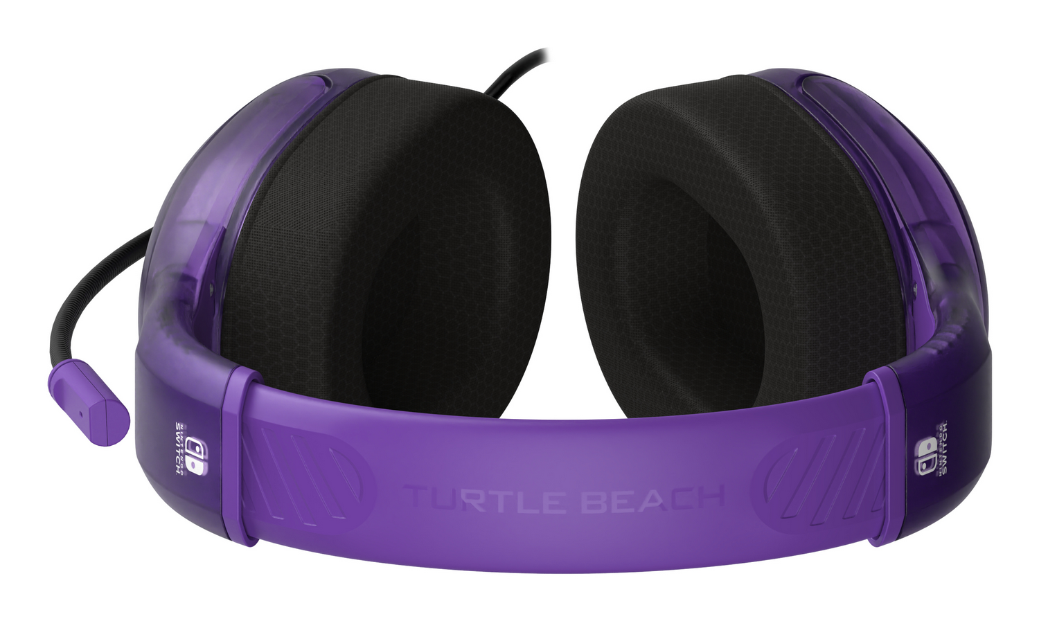 Auriculares de juego morados Turtle Beach para Nintendo Switch. Auriculares negros, diadema y detalles morados y un cable negro.