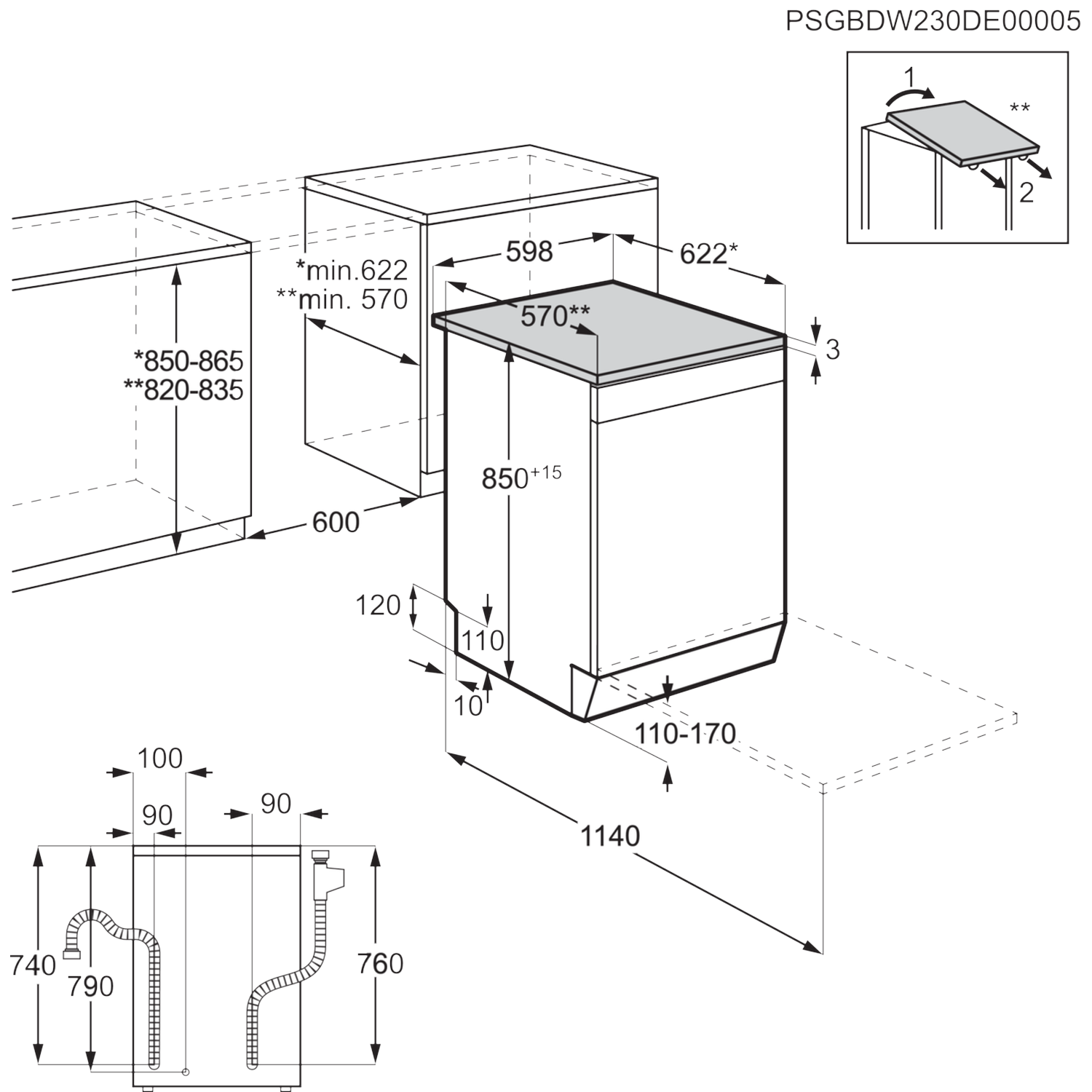 Diagram met afmetingen van een keukenapparaat, inclusief hoogte, breedte en diepte in millimeters. Bevat bovenaanzicht en vooraanzicht.
