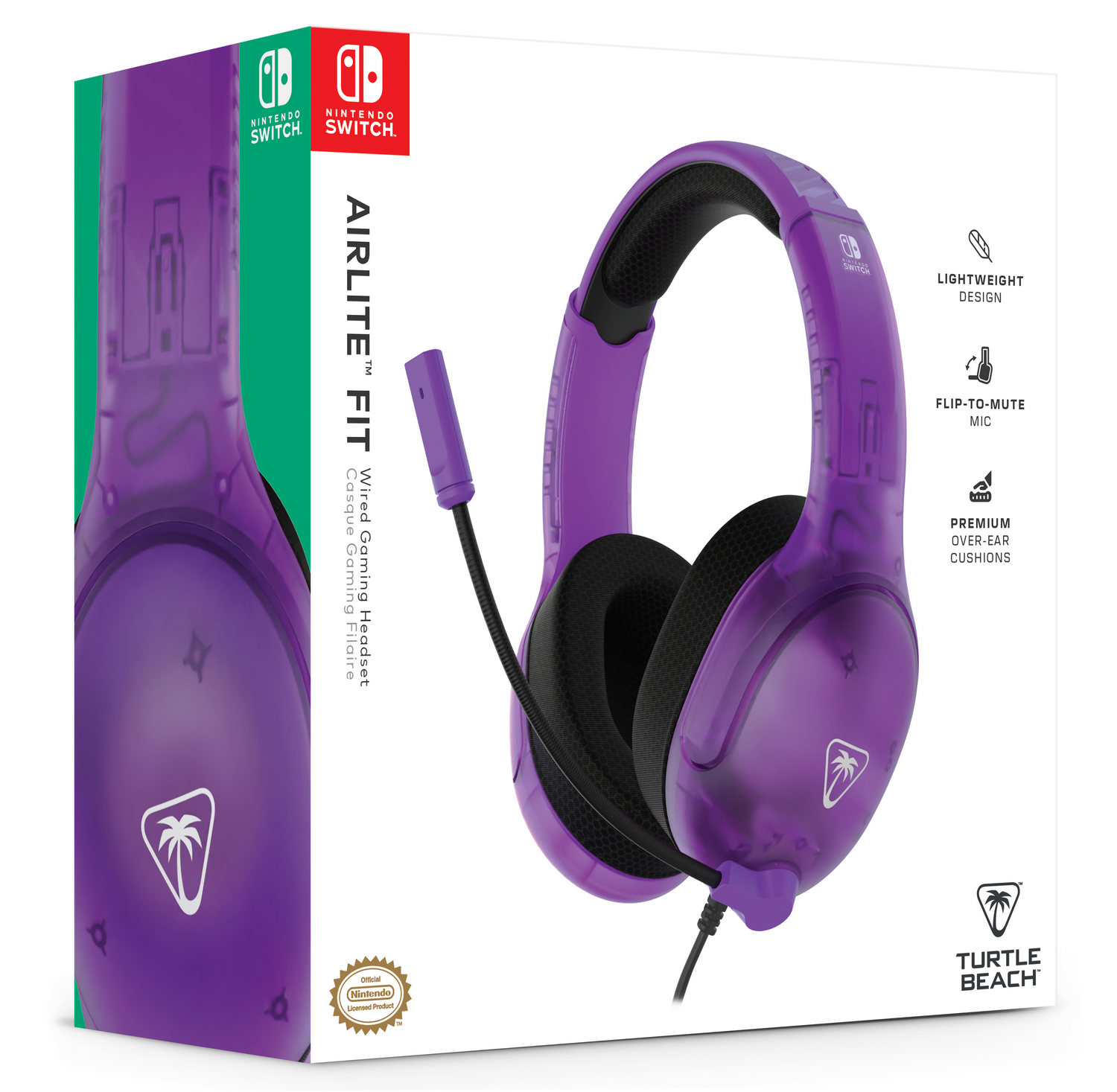 Unos auriculares para juegos morados con micrófono se muestran en una caja blanca. La caja tiene la marca Nintendo Switch y el logotipo de Turtle Beach.