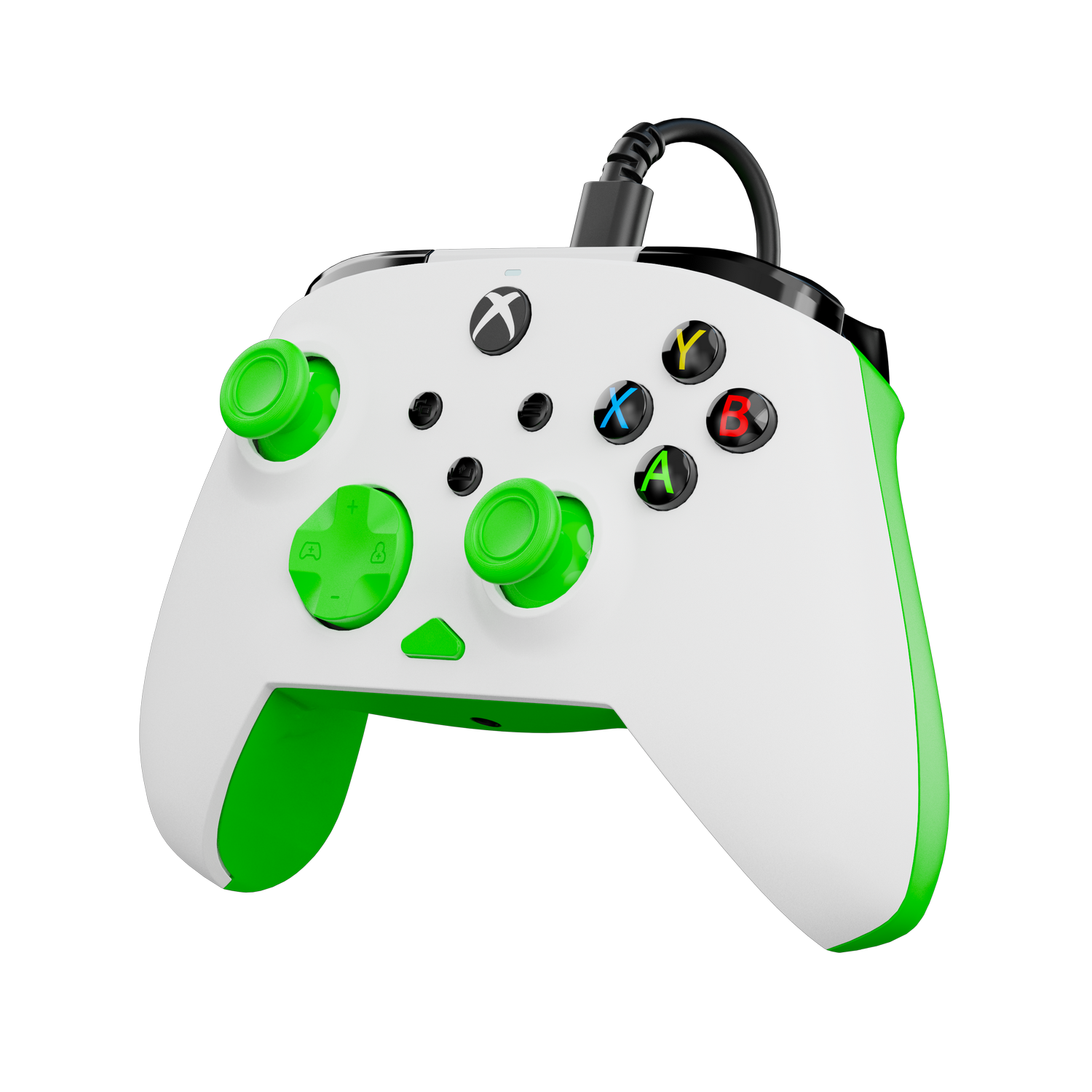 Mando Xbox con cuerpo blanco, detalles y botones verdes. Cable negro. Botones: A, B, X, Y.
