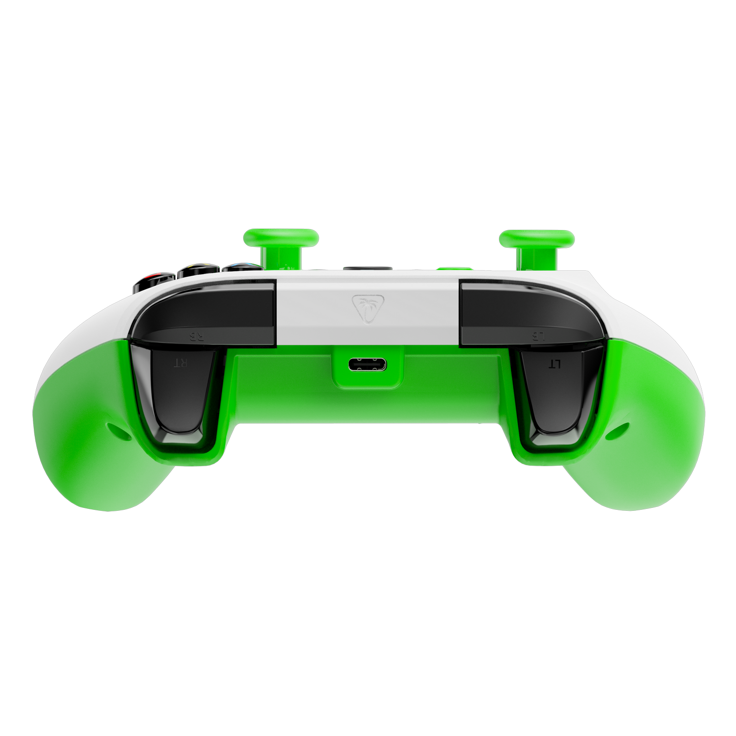 Un mando de juegos verde y blanco, visto desde atrás. Tiene botones y gatillos negros, joysticks verdes y una sección central blanca.