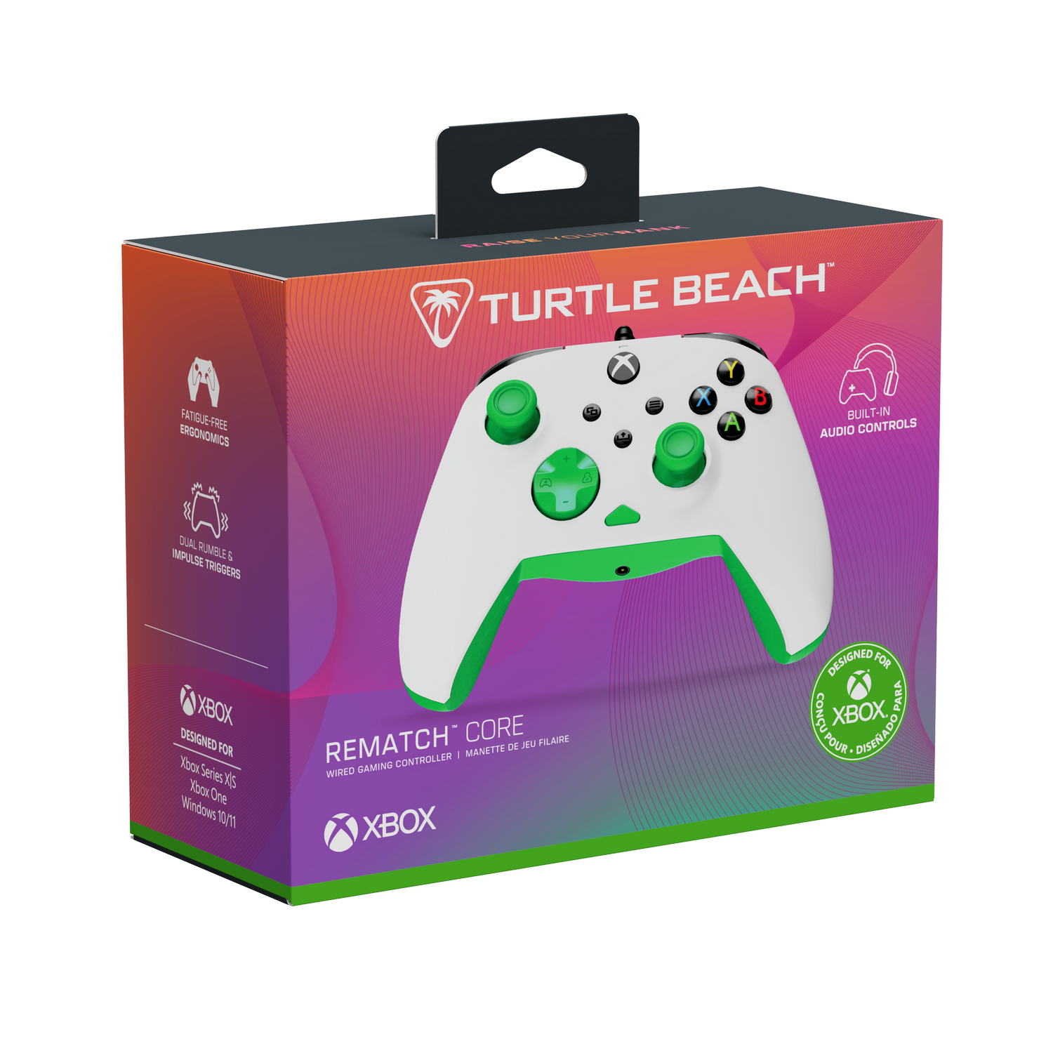 Caja del controlador Turtle Beach Rematch Core. Mando blanco y verde en la caja. Las características incluyen ergonomía sin fatiga y controles de audio integrados.