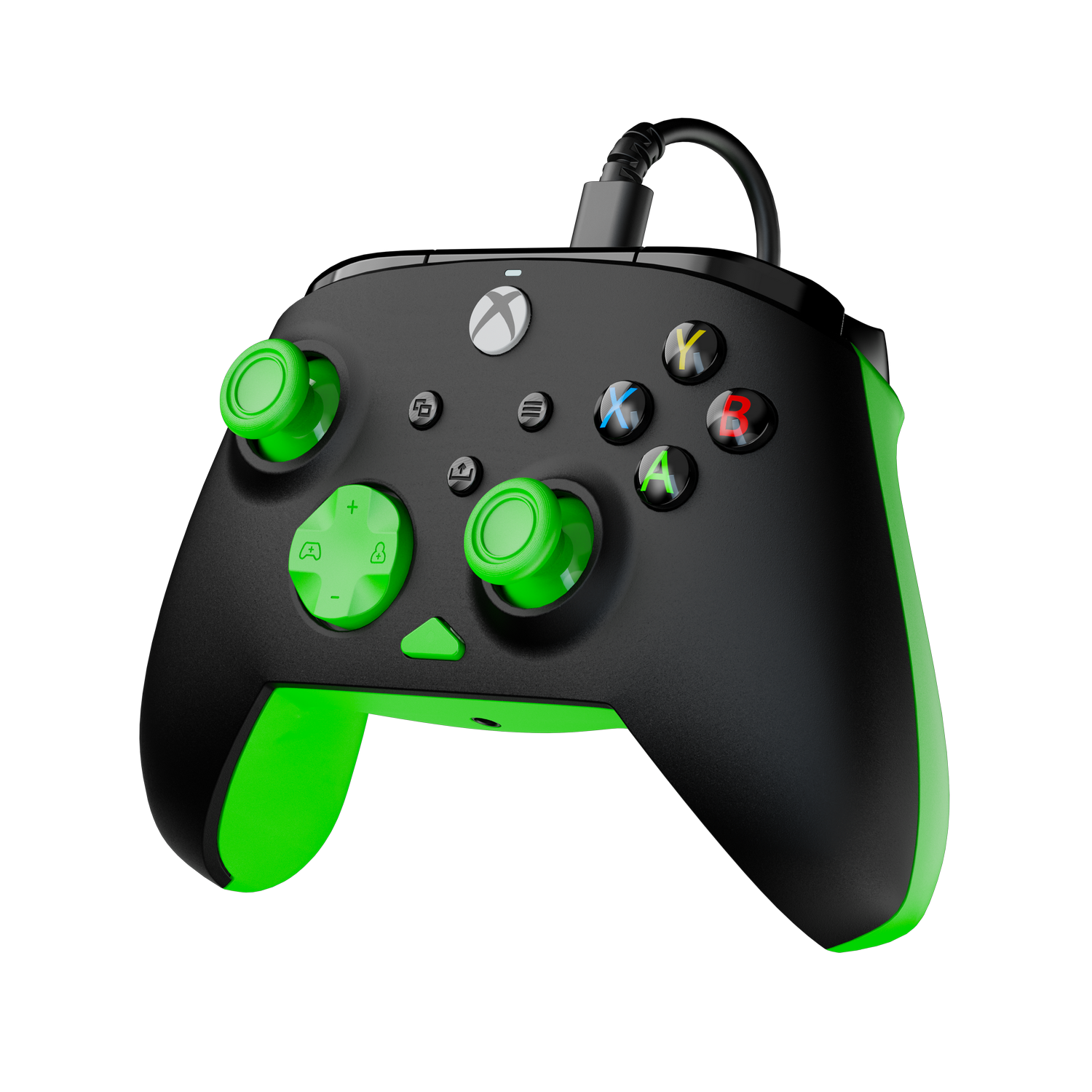 Mando Xbox negro y verde sobre fondo gris. Tiene joysticks y detalles verdes. Los botones son de color.