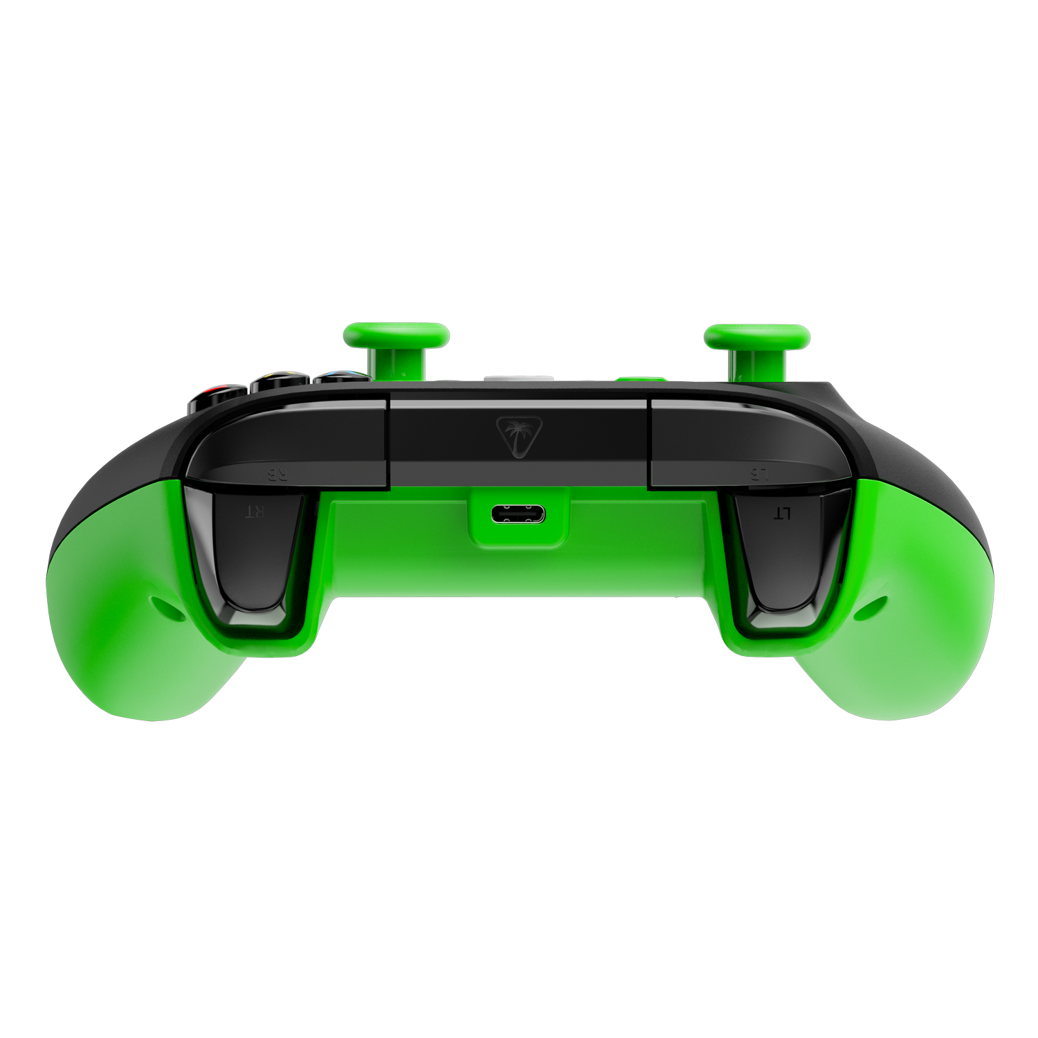 Un mando de juego verde y negro está centrado sobre un fondo gris. Cuenta con dos joysticks verdes y un puerto USB-C.