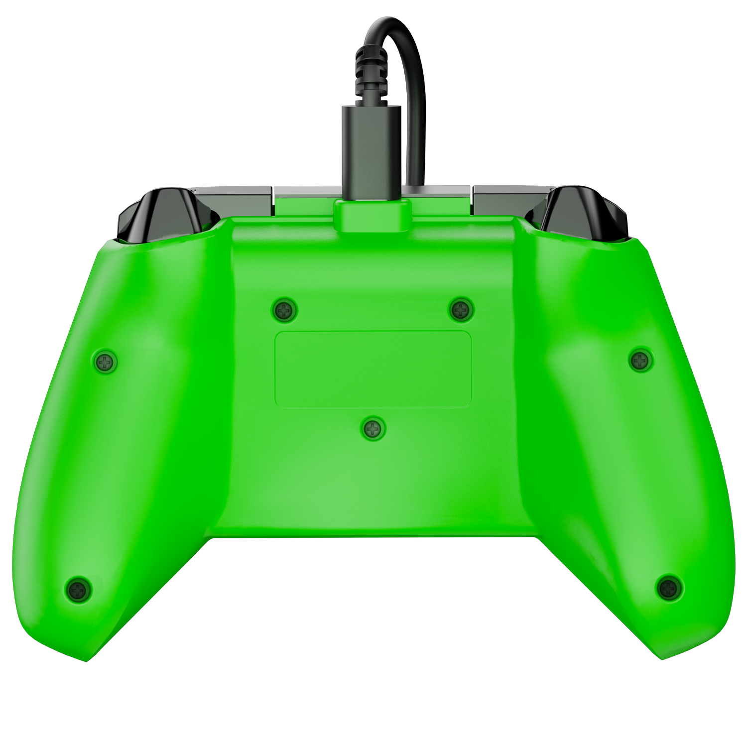 Un mando de juegos verde con un cable negro enchufado. Se ven botones y tornillos negros. El fondo es gris sólido.
