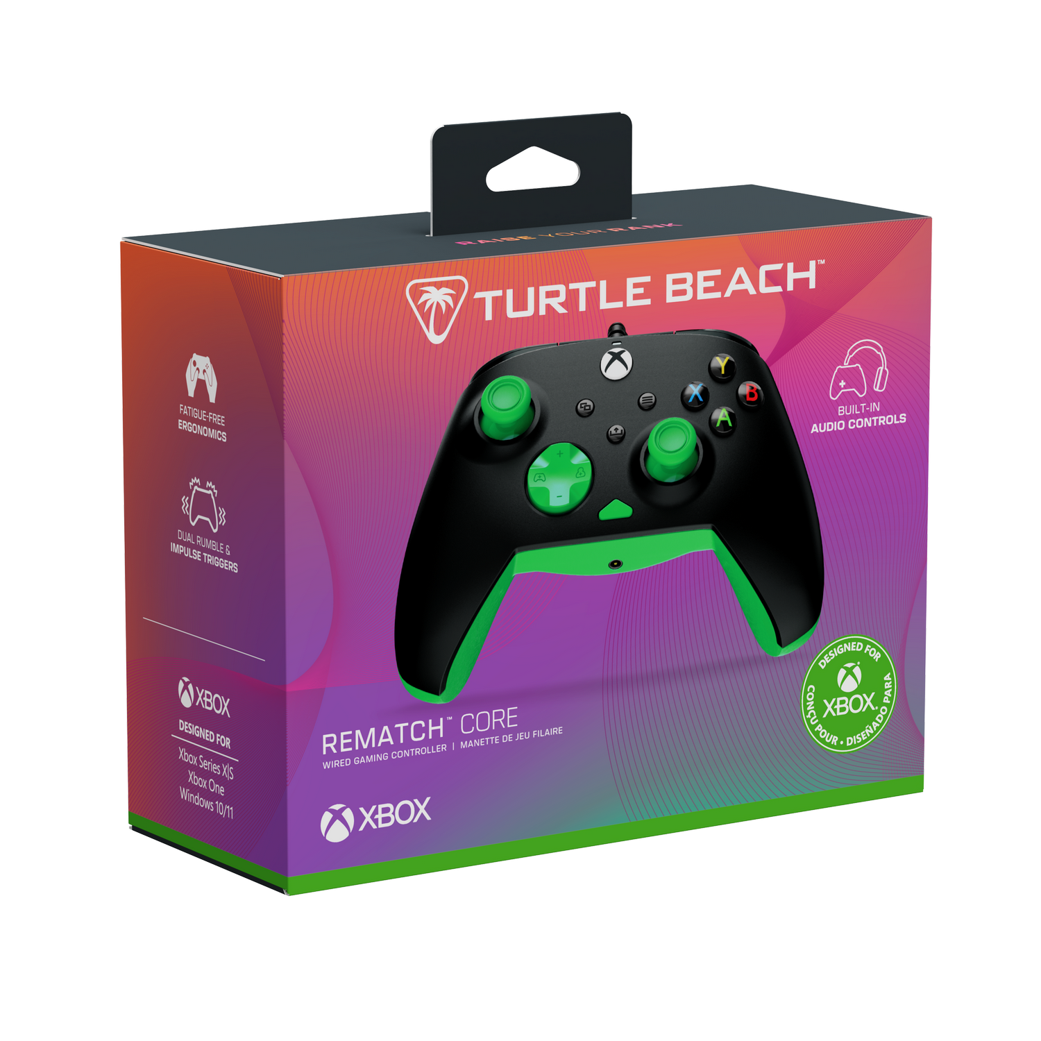 Caja con un mando de Xbox. Es negro y verde, con la marca 'Turtle Beach Rematch Core'. La caja tiene características enumeradas y el logotipo de Xbox.