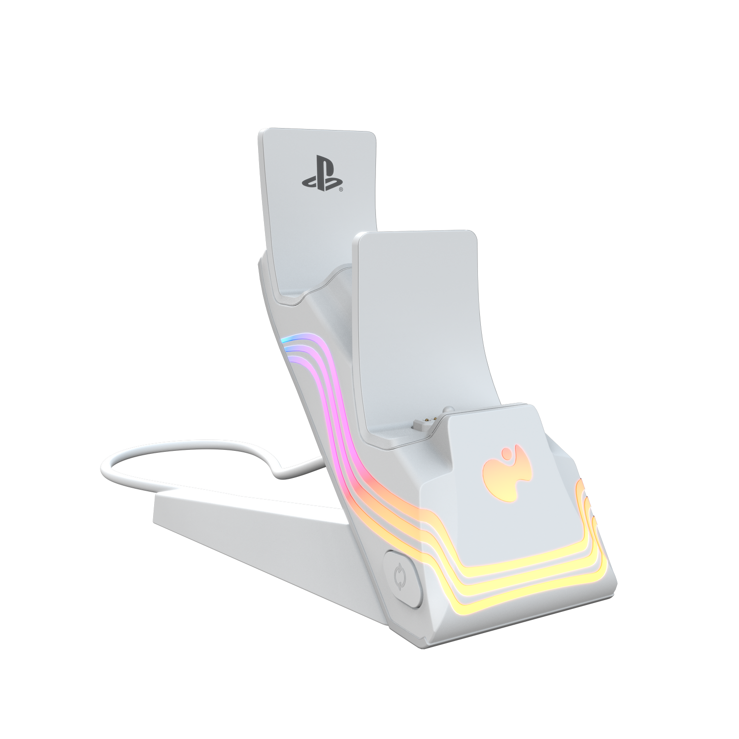 Base de carga blanca para el mando de PlayStation con diseño curvo, luces de colores y logotipo de PlayStation sobre fondo gris.