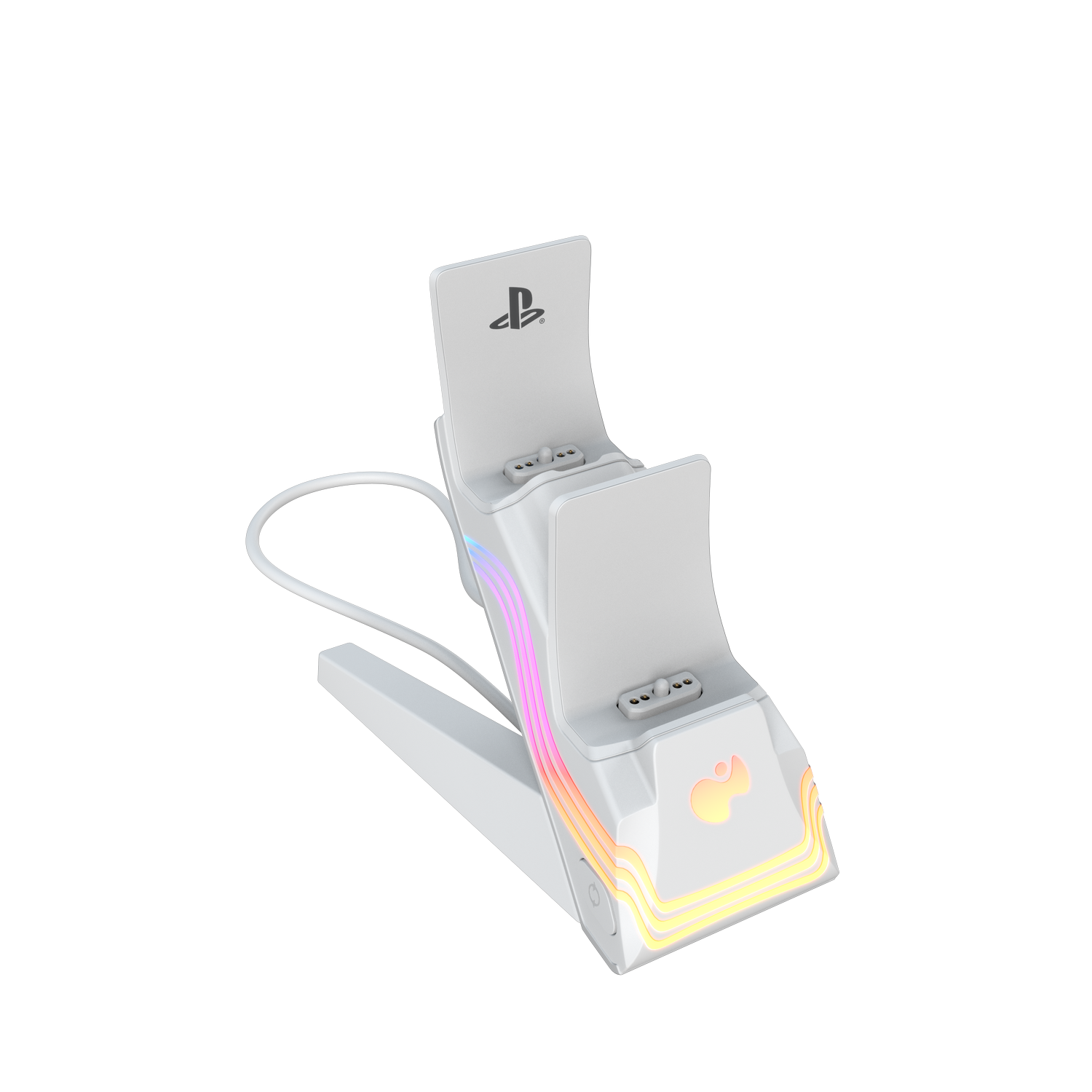 Una estación de carga blanca para el controlador de Playstation con cable blanco, luces de colores y el logotipo de Playstation.