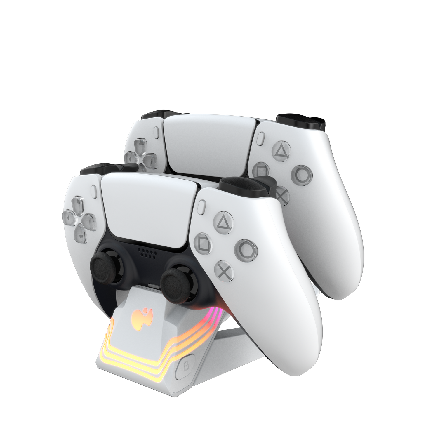 Dos mandos de juego blancos sobre una base de carga. Los mandos tienen botones y joysticks. La base tiene un diseño brillante con luces de colores.
