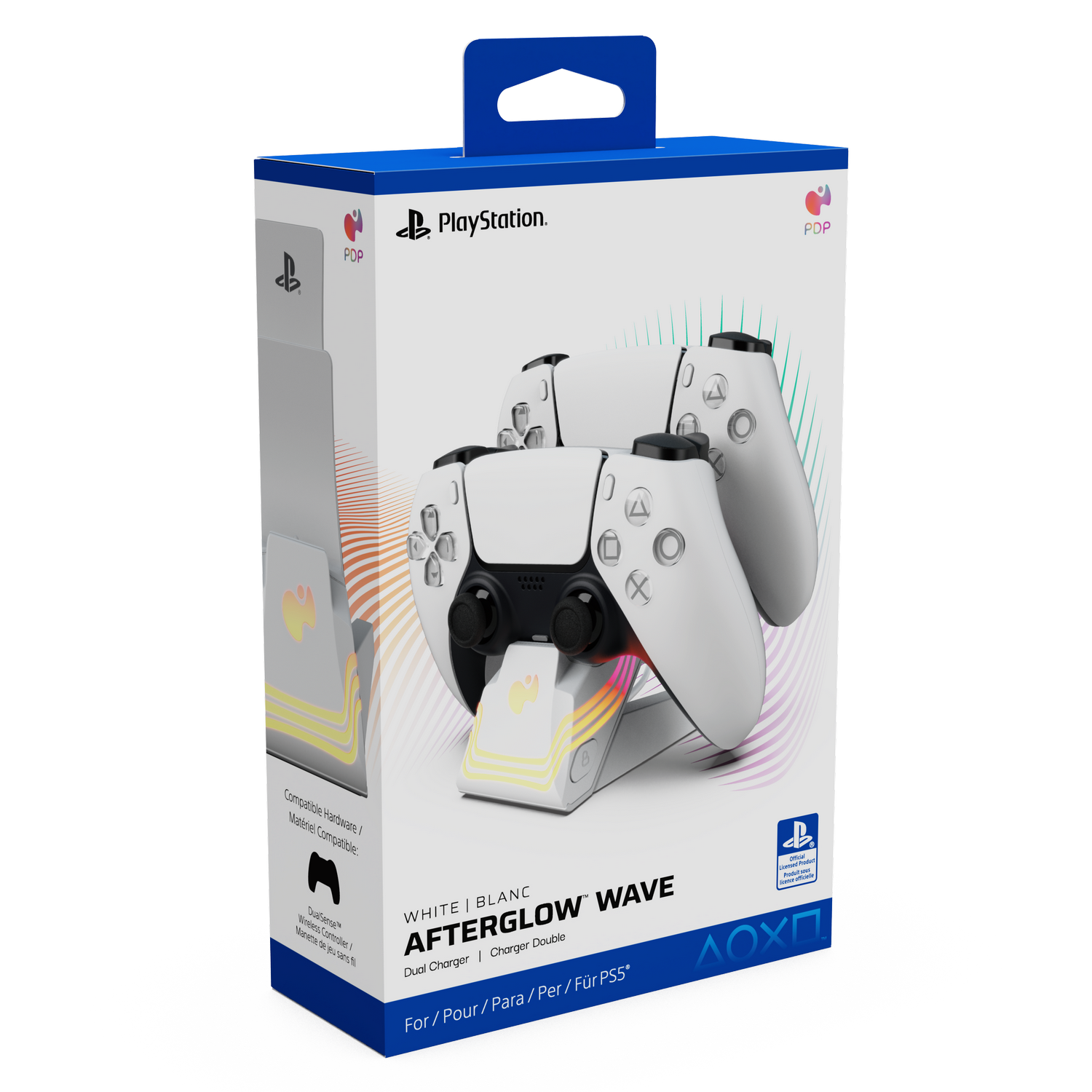 Mando blanco de PlayStation 5 en un cargador, en una caja. El texto incluye 'Afterglow Wave' y 'Dual Charger'. Caja azul y blanca.