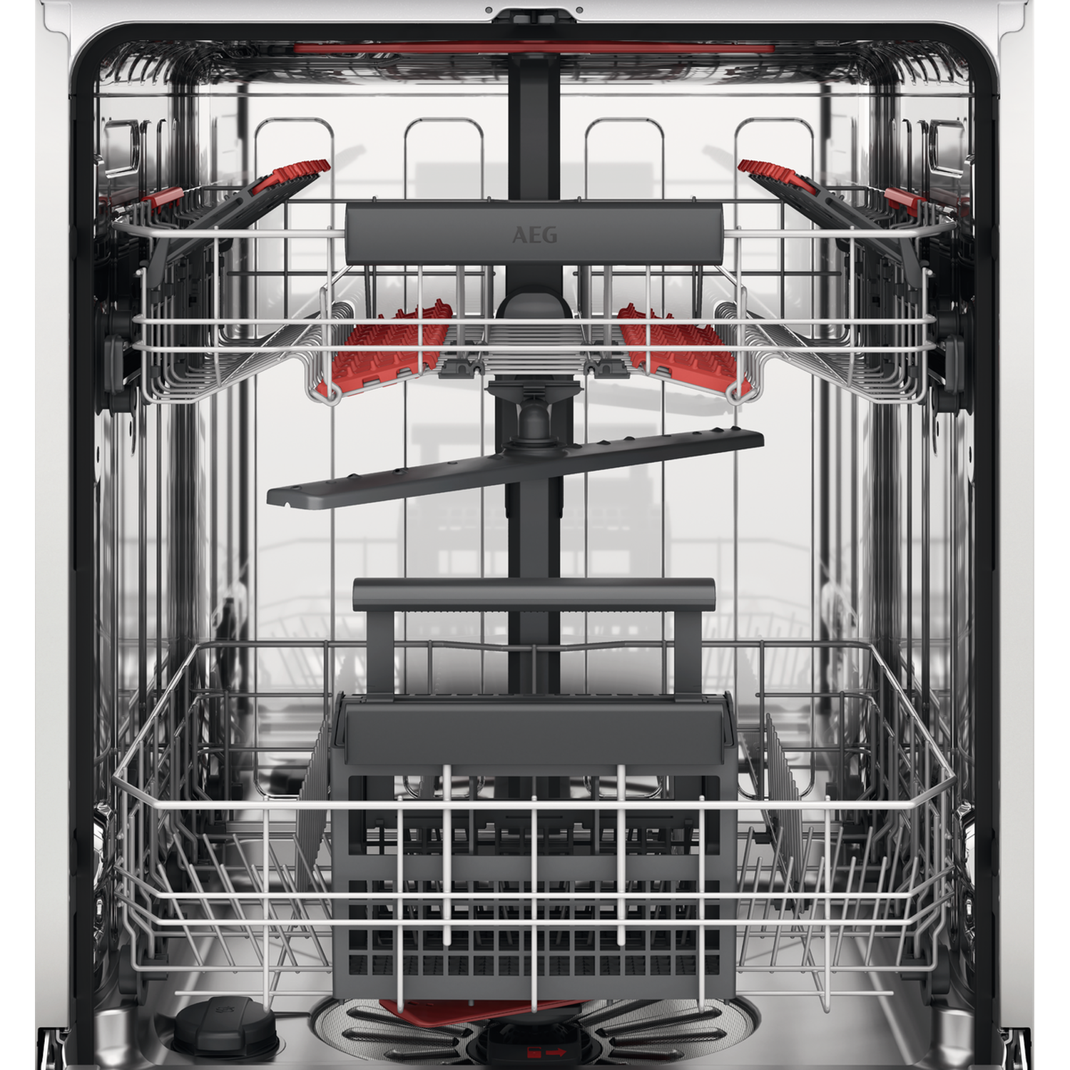 In een vaatwasser. Zilveren rekken, rode sproeiarmen en een grijze container zijn zichtbaar. Het AEG-logo staat op een deel van de vaatwasser.