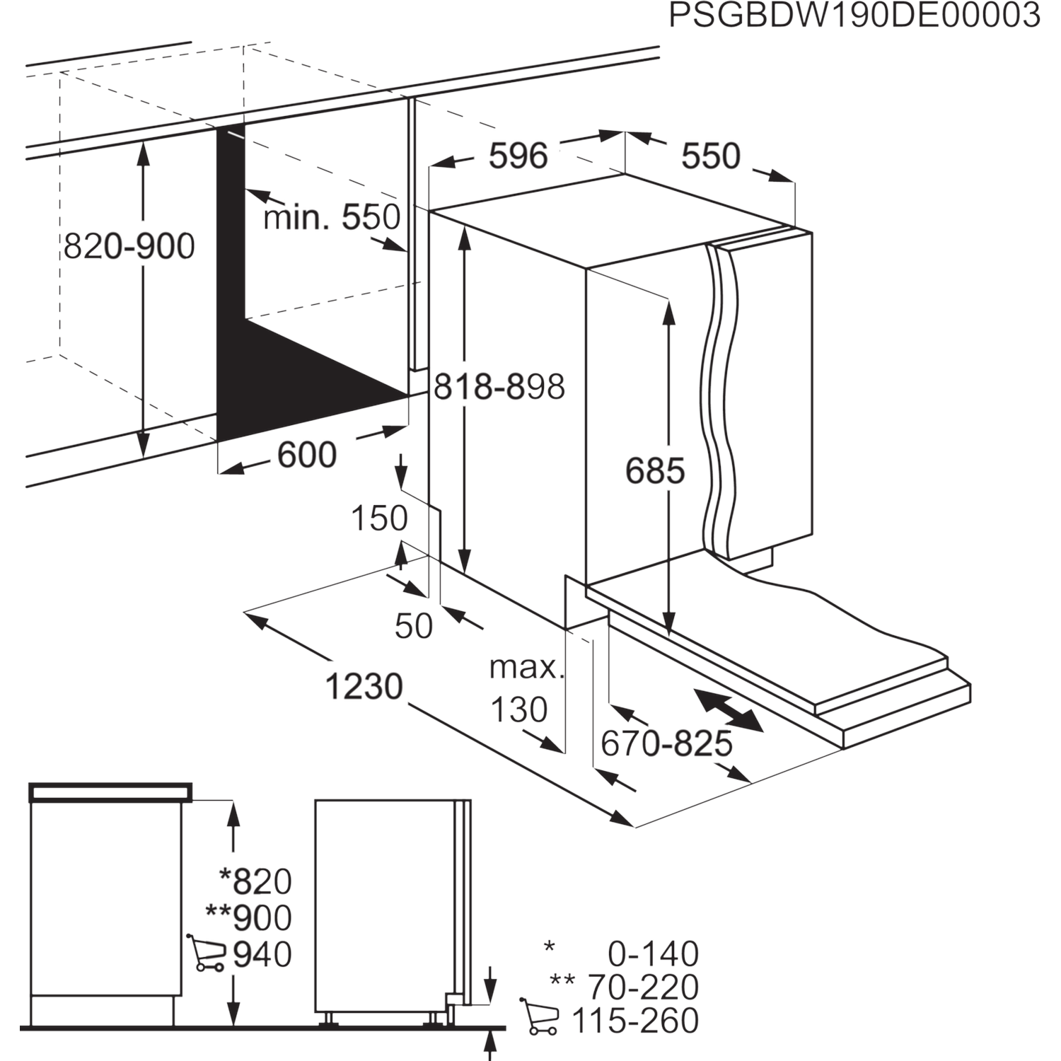 Diagram van een vaatwasser met afmetingen in millimeters. Toont de grootte en installatie-eisen van het apparaat.