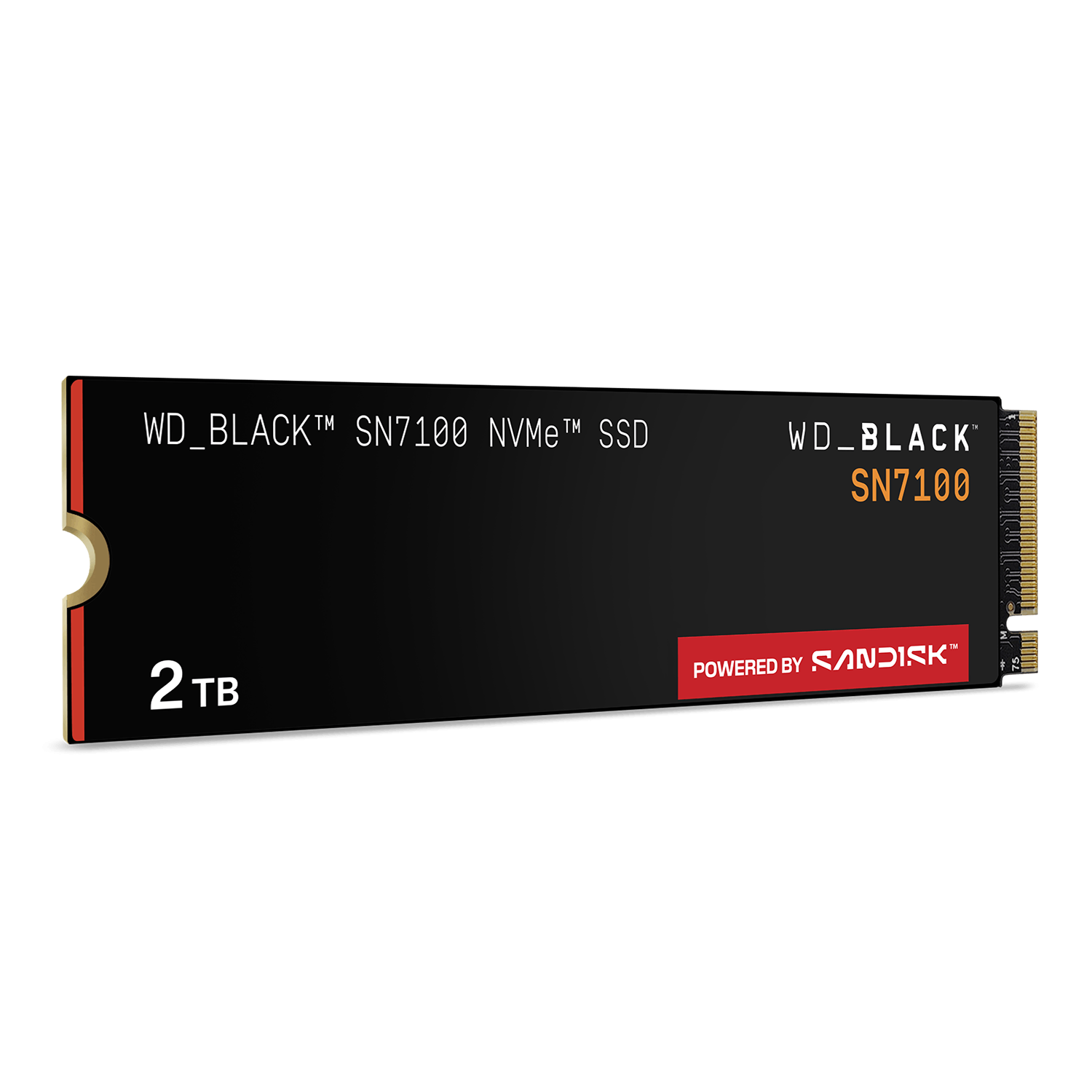 Una SSD NVMe WD_BLACK SN7100 negra, con detalles rojos y dorados. Tiene 2TB de capacidad y funciona con SanDisk. El texto es blanco y naranja.