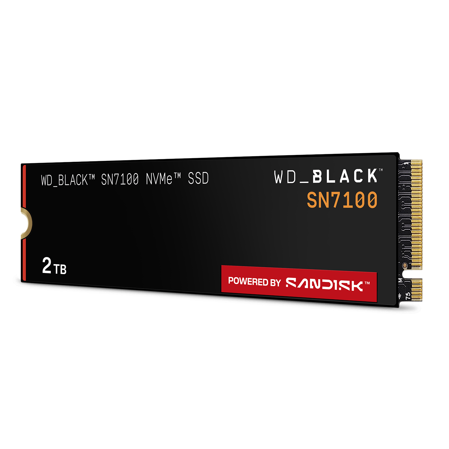 Un SSD NVMe WD_BLACK SN7100 negro con texto naranja, un logotipo rojo de Sandisk y conectores dorados sobre fondo negro.