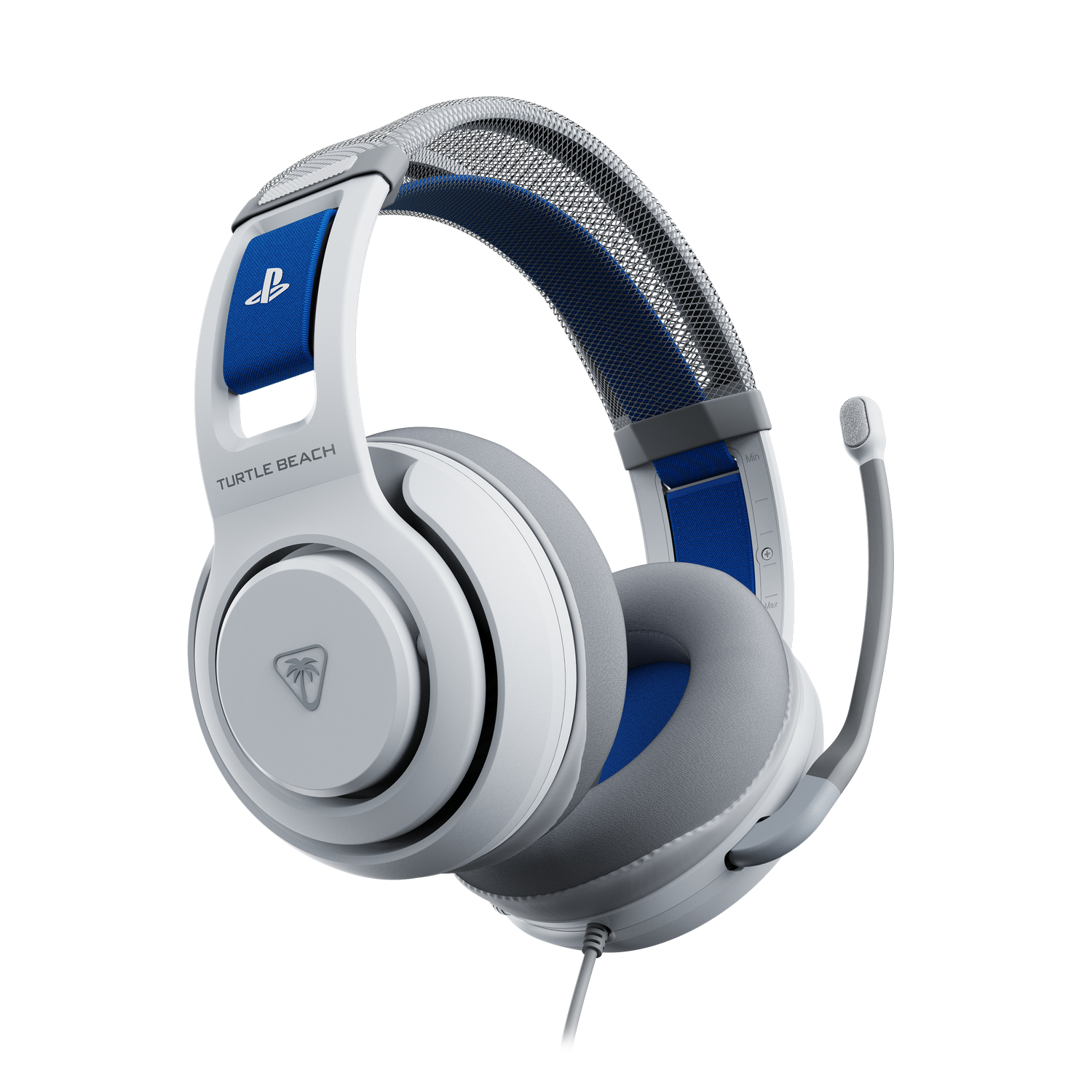 Auriculares para juegos blancos y grises con detalles en azul y micrófono. Los auriculares tienen el logotipo de PlayStation y la marca Turtle Beach.