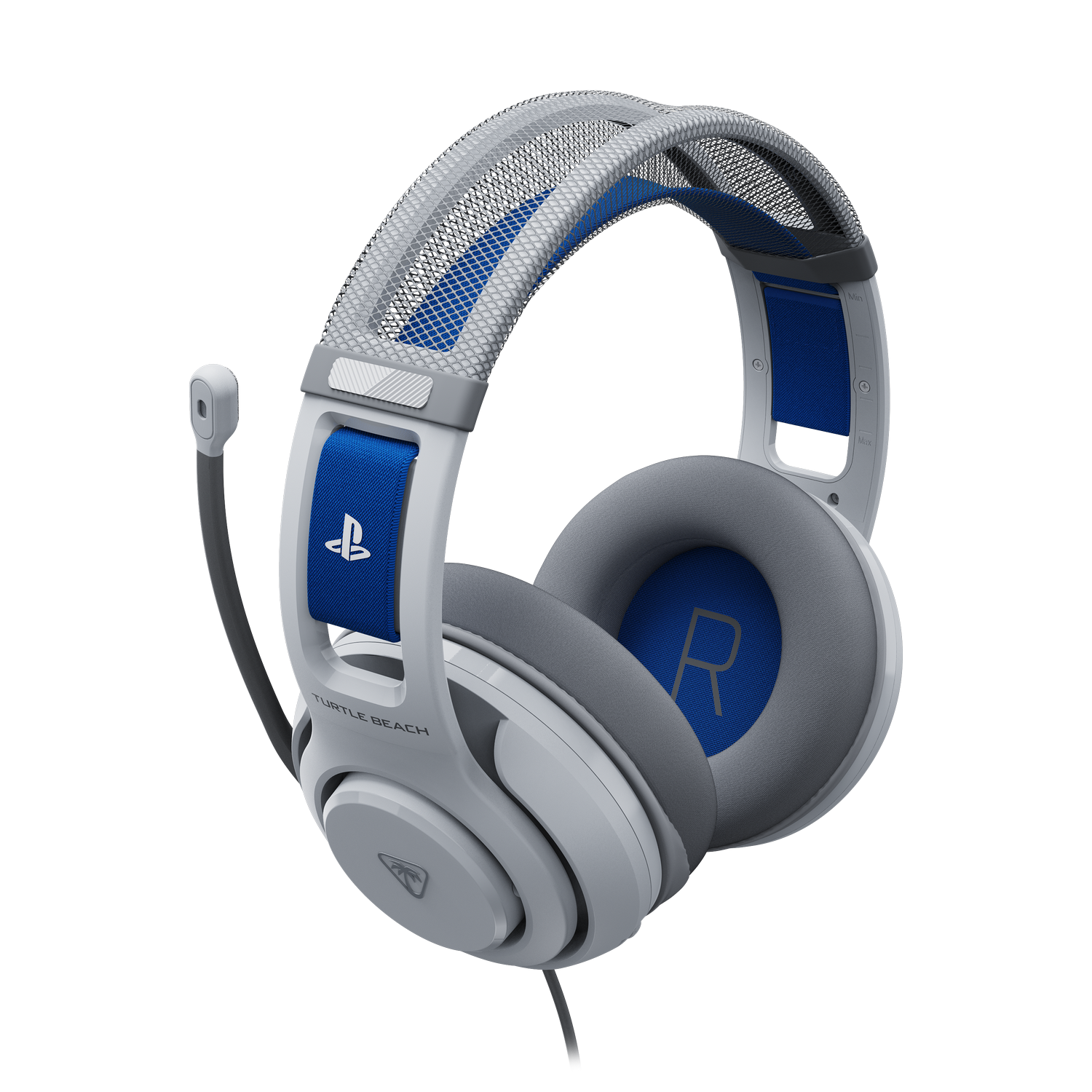 Auriculares para juegos Turtle Beach blancos y azules con micrófono. El auricular tiene el logotipo de Playstation. Fondo gris.