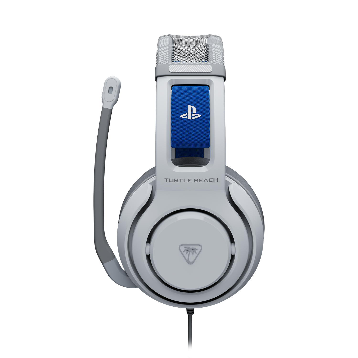 Auriculares gaming Turtle Beach blancos y grises. Presentan un logotipo azul de PlayStation, micrófono gris y cable.