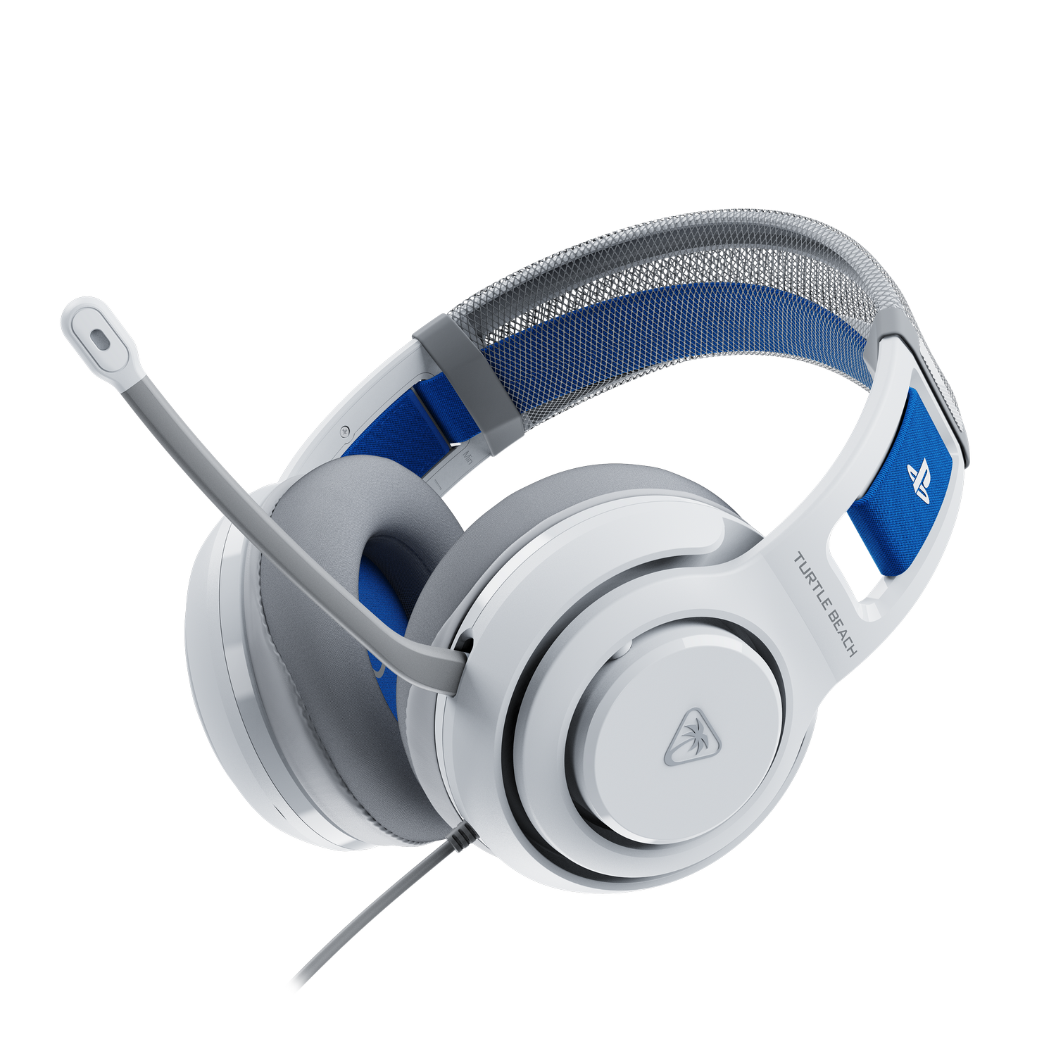 Auriculares de juego blancos y azules con micrófono. Presentan el logotipo de Turtle Beach y el logotipo de PlayStation.