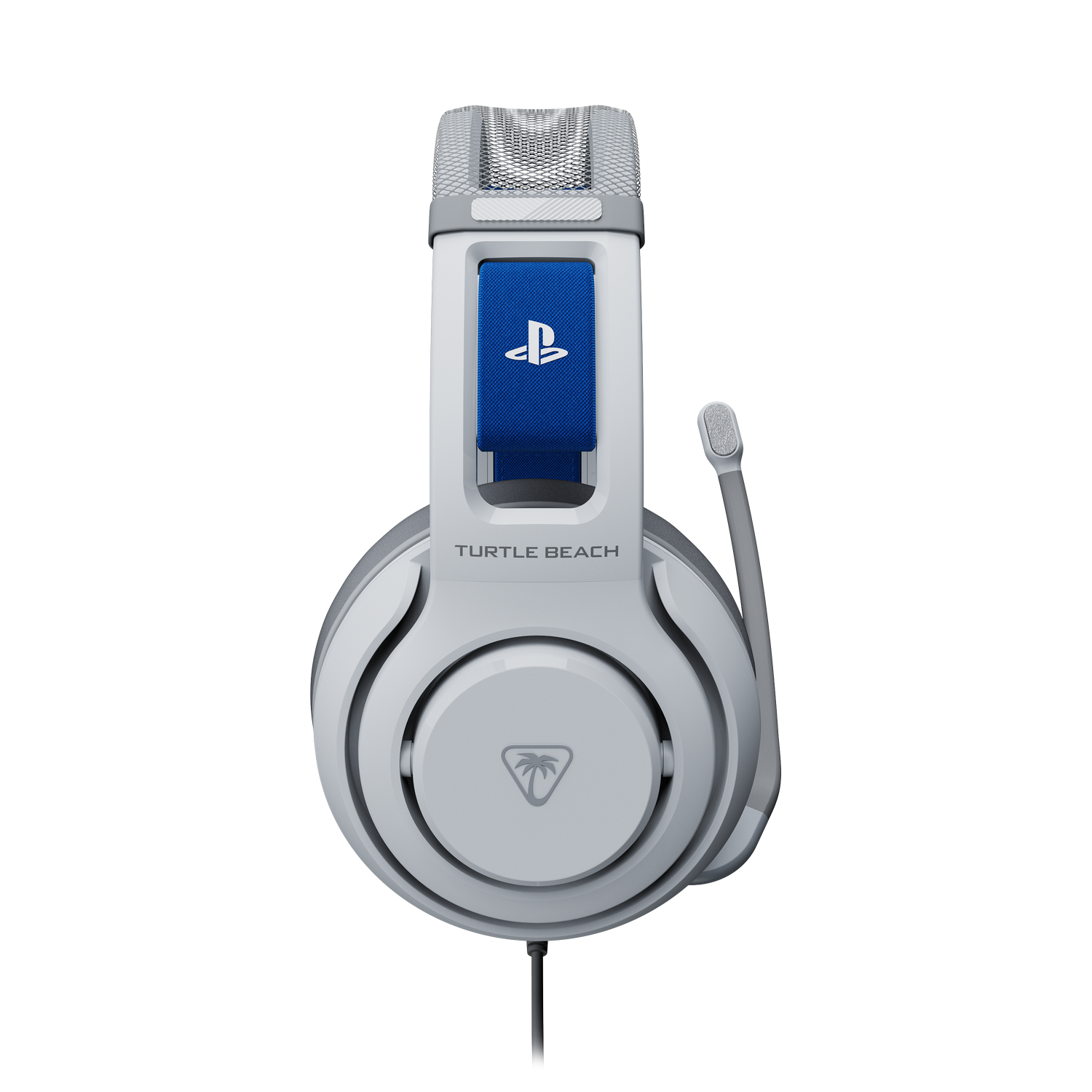 Auriculares para juegos blancos y grises con una correa azul con el logotipo de PlayStation. Incluye micrófono y cable. Marca Turtle Beach.
