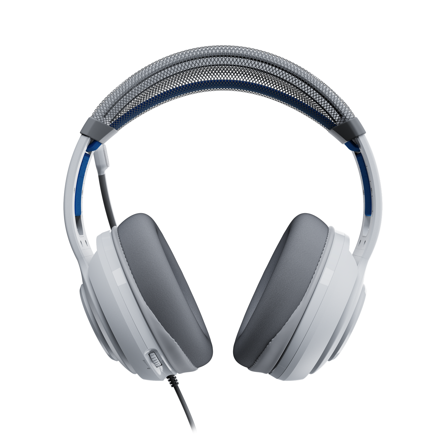 Auriculares blancos y grises. La diadema es de malla gris y negra con detalles azules. Los auriculares son grises y blancos.
