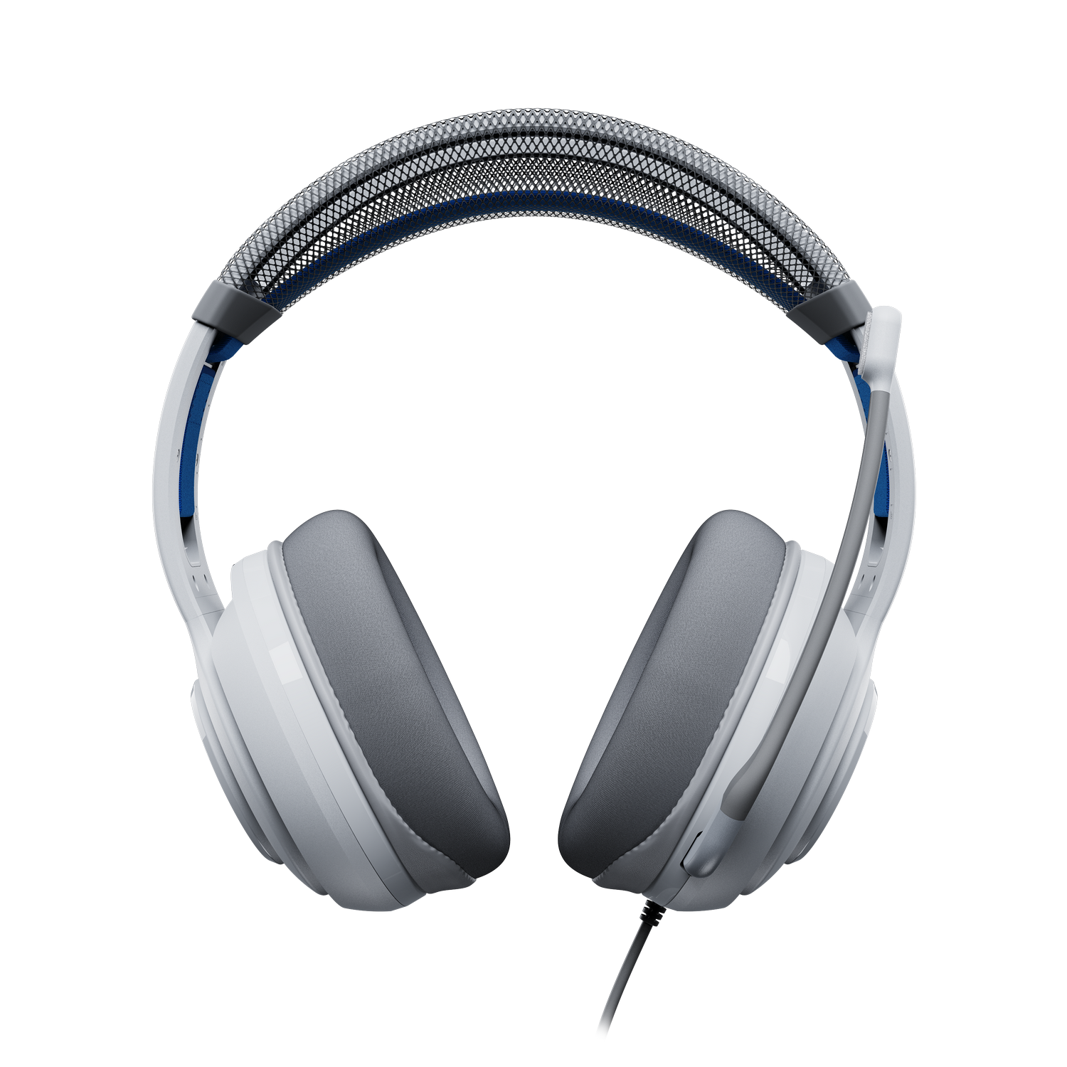 Auriculares para juegos blancos y grises, con micrófono y diadema acolchada. El fondo es de color gris sólido.