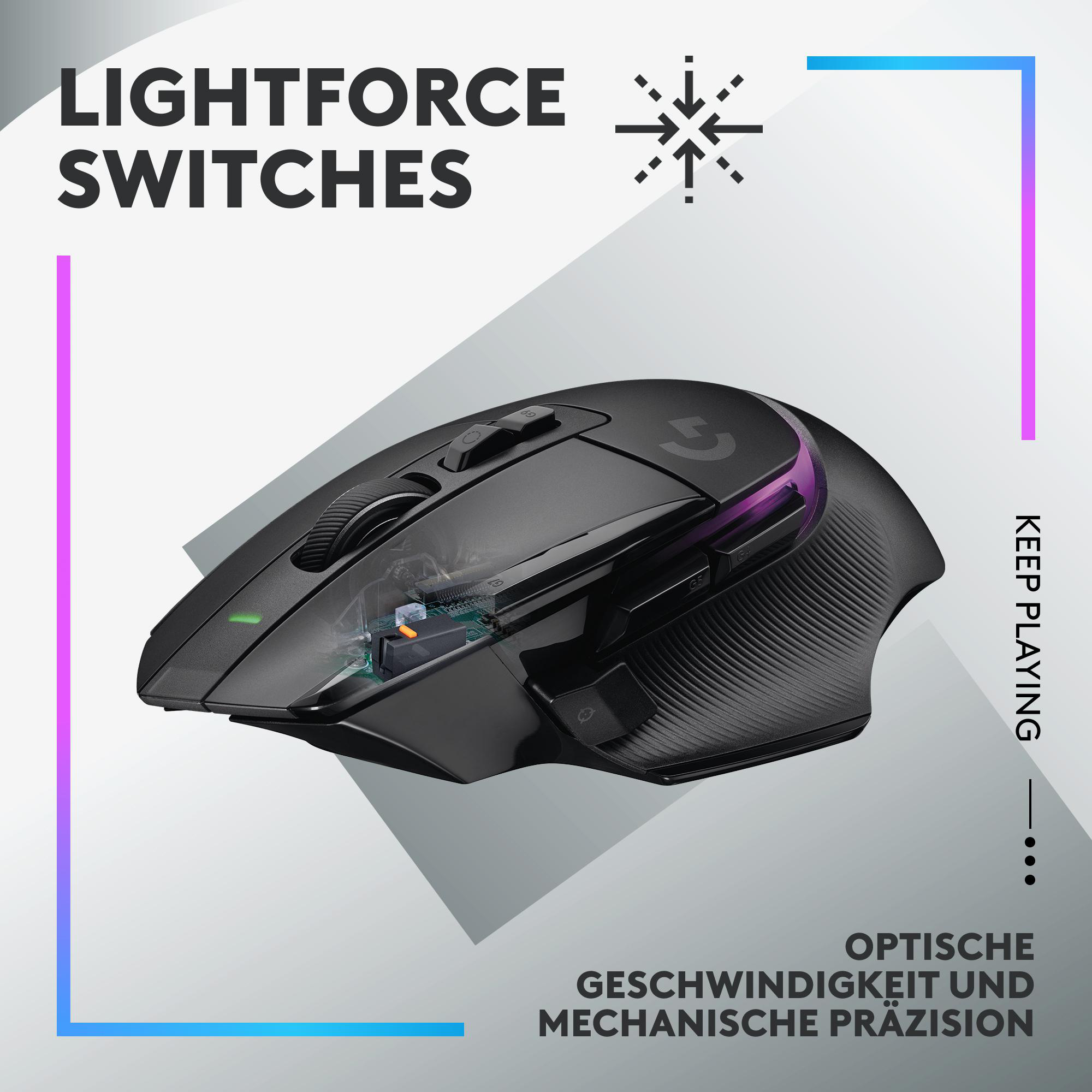 Schwarze Gaming-Maus mit sichtbaren internen Komponenten. Das Bild hat Textelemente und einen blau-violetten Rahmen.