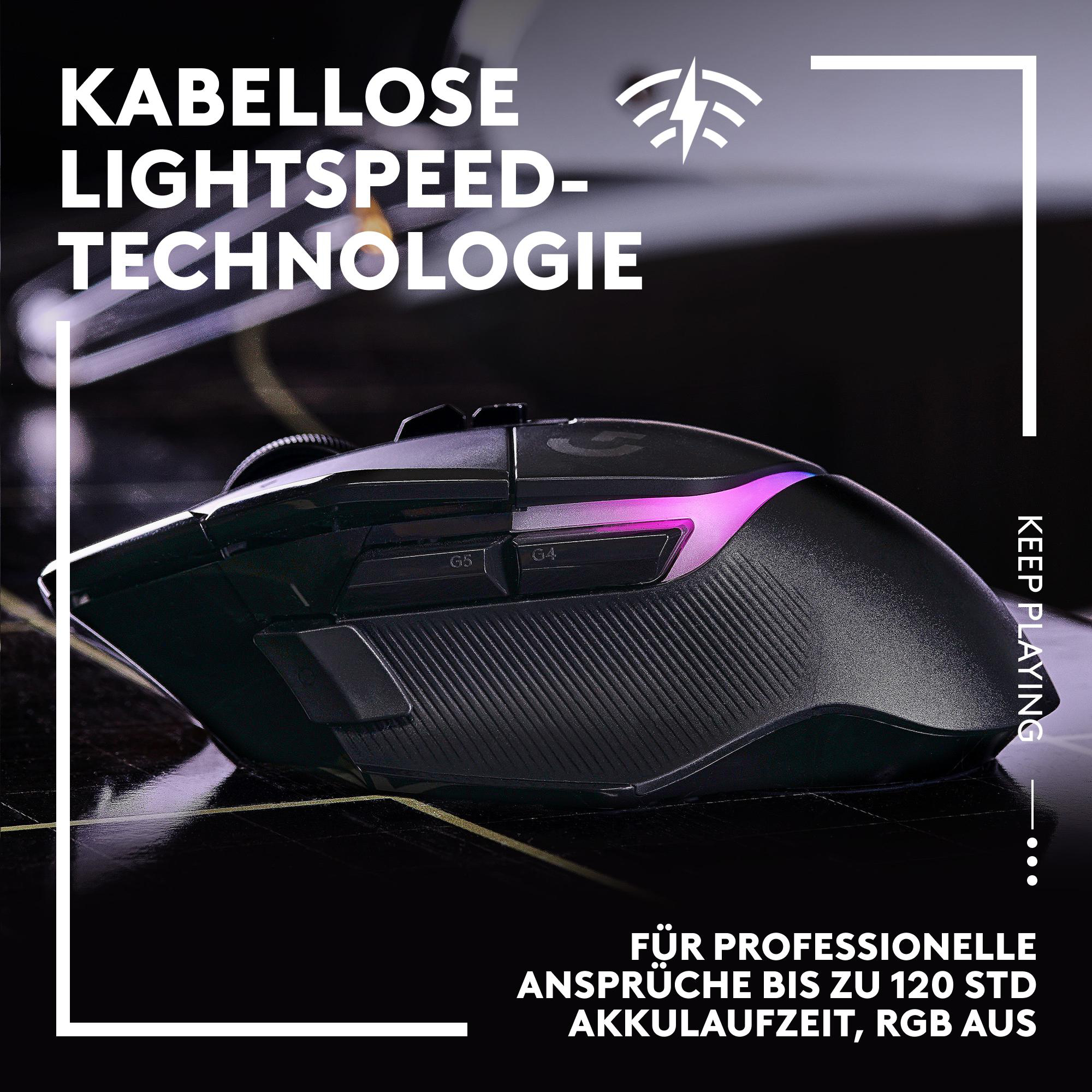 Eine schwarze Gaming-Maus mit rosa Beleuchtung, Text: KABELLOSE LIGHTSPEED-TECHNOLOGIE, und Text: KEEP PLAYING.
