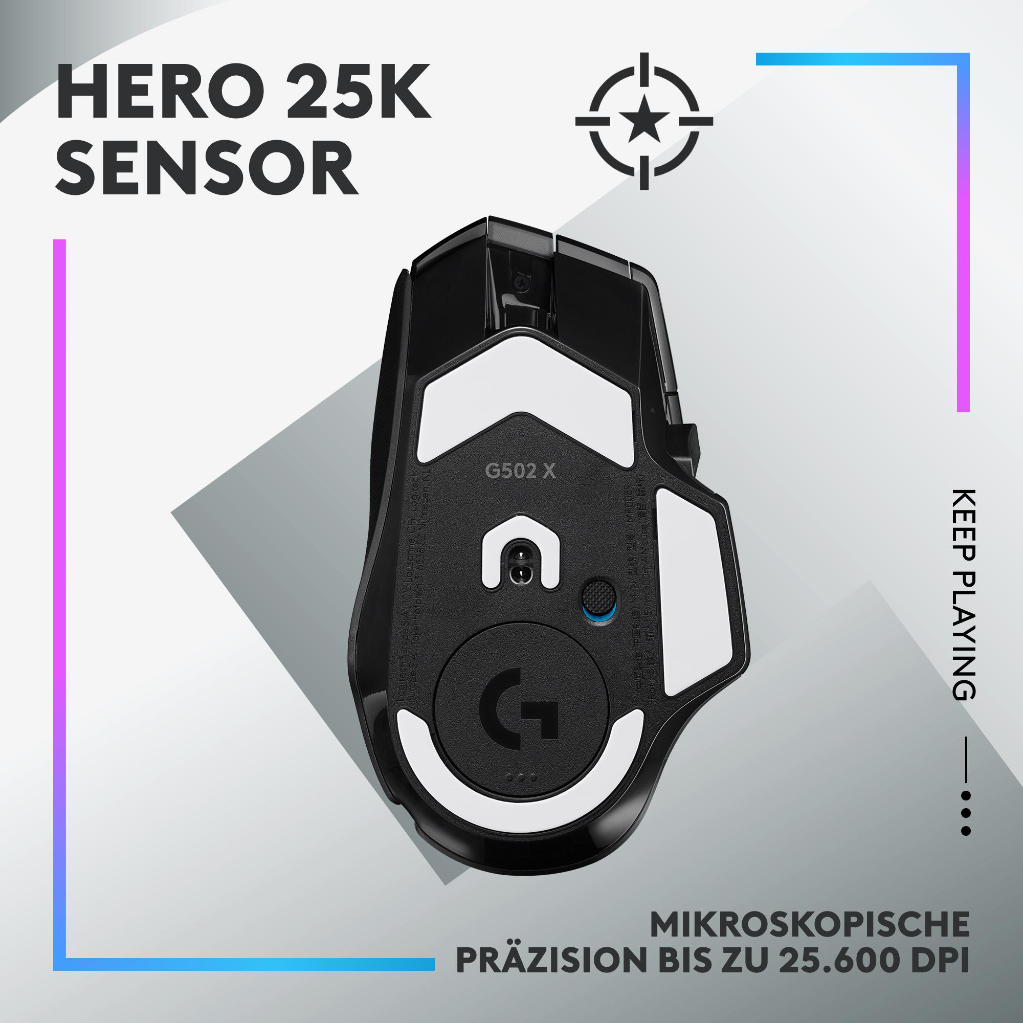 Eine schwarze Gaming-Maus mit weißen Akzenten und dem Text 'G502 X'. Der Hintergrund zeigt Text und ein Zielsymbol.