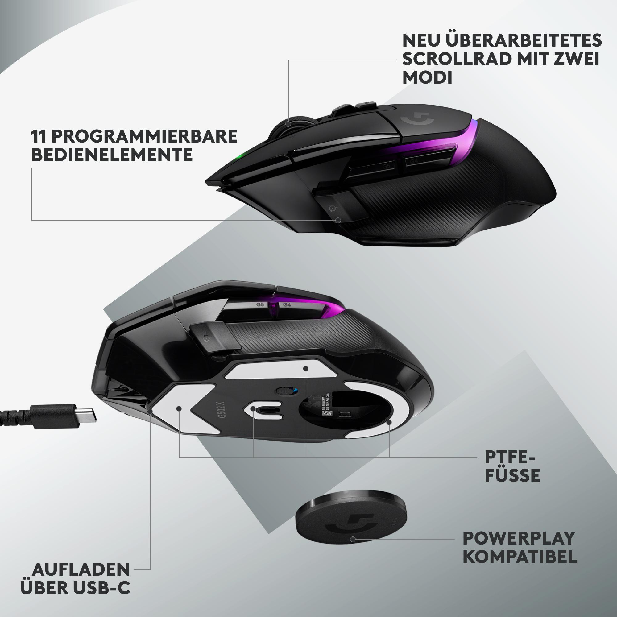Schwarze Gaming-Maus mit lila Akzenten, Funktionen umfassen USB-C-Aufladung, 11 programmierbare Tasten und PTFE-Füße.