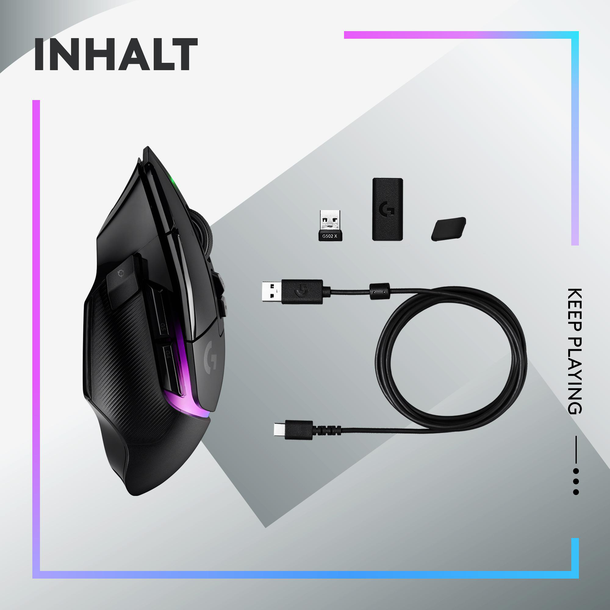 Schwarze Gaming-Maus, USB-Kabel, Empfänger und Zubehör auf Gradientenhintergrund. Text: "INHALT".