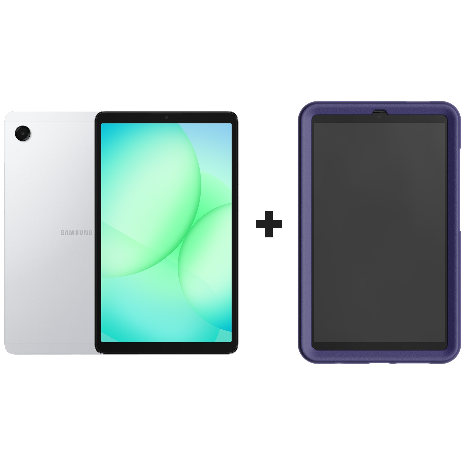 Three tablets. One is silver, one has a green screen, and one is in a blue case. A plus sign connects them.
