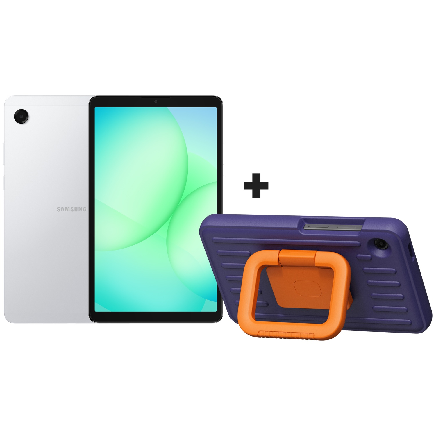 A white Samsung tablet is displayed alongside a blue tablet case with an orange kickstand. A plus sign is between them.