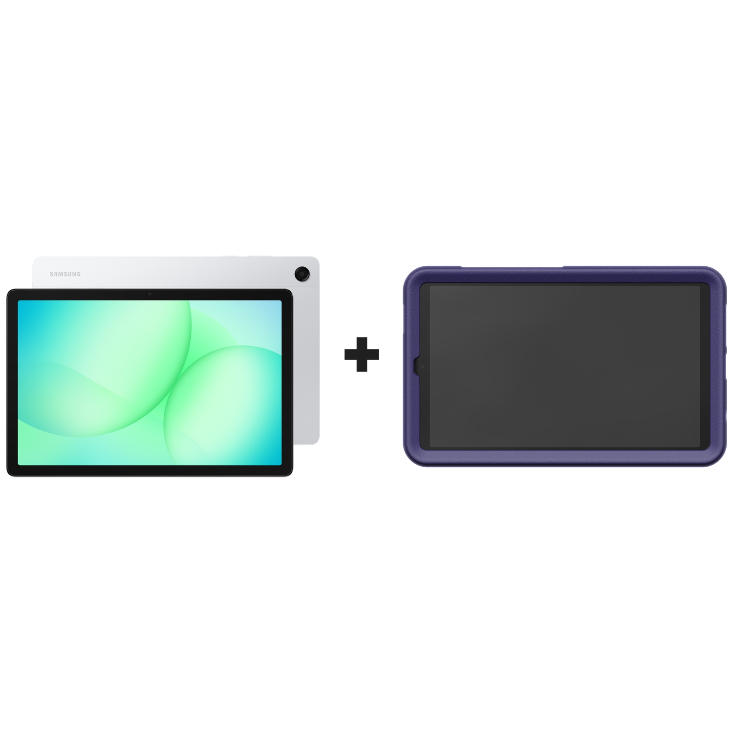 Image shows a Samsung tablet with a screen displaying green and white colors, next to a tablet inside a blue protective case.