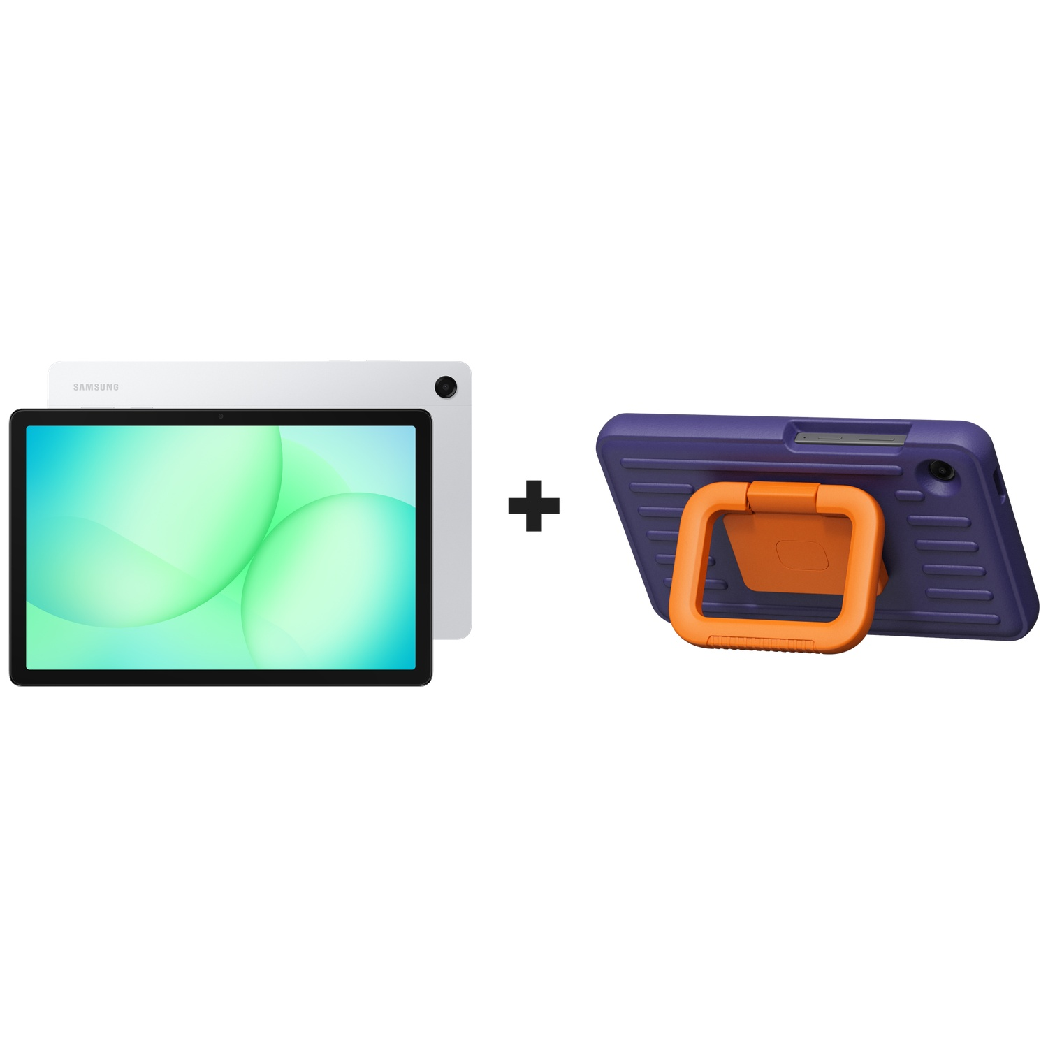 A white Samsung tablet with a green screen is next to a purple and orange tablet case with a stand.