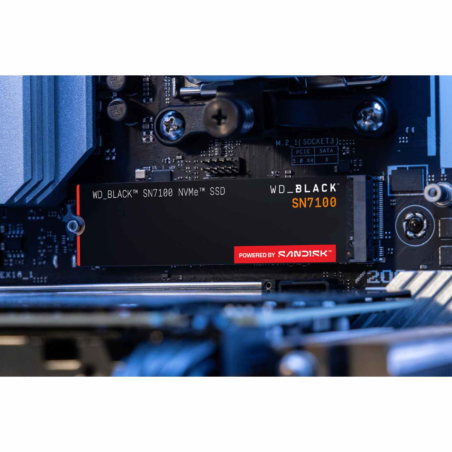 Un SSD NVMe WD_BLACK SN7100 negro instalado en una placa base. El SSD tiene el logotipo de Sandisk y está etiquetado SN7100.