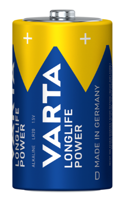 Eine Varta Longlife Power Batterie. Blaue und gelbe Farben. Text enthält 'VARTA', 'LONGLIFE POWER', 'ALKALINE LR20 1.5V' und 'MADE IN GERMANY'.