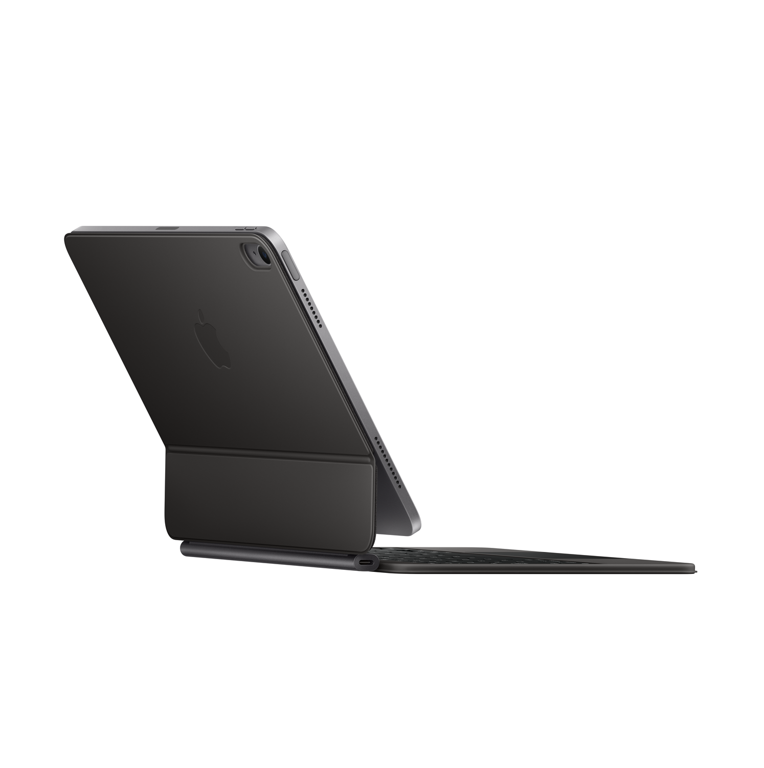 Una tableta negra con una funda de teclado, mostrando el logo de Apple. La tableta está ligeramente inclinada.