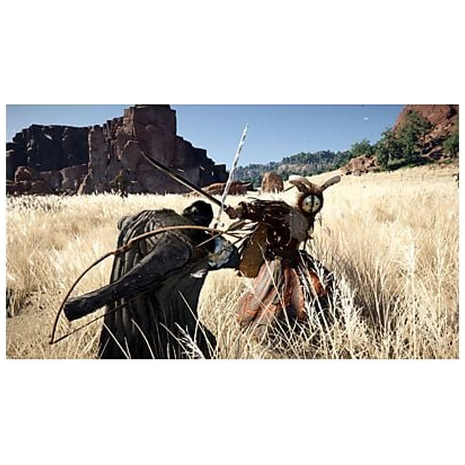 Two figures in combat in a field. One wielding a bow, the other a sword. Rocky landscape and blue sky in the background.