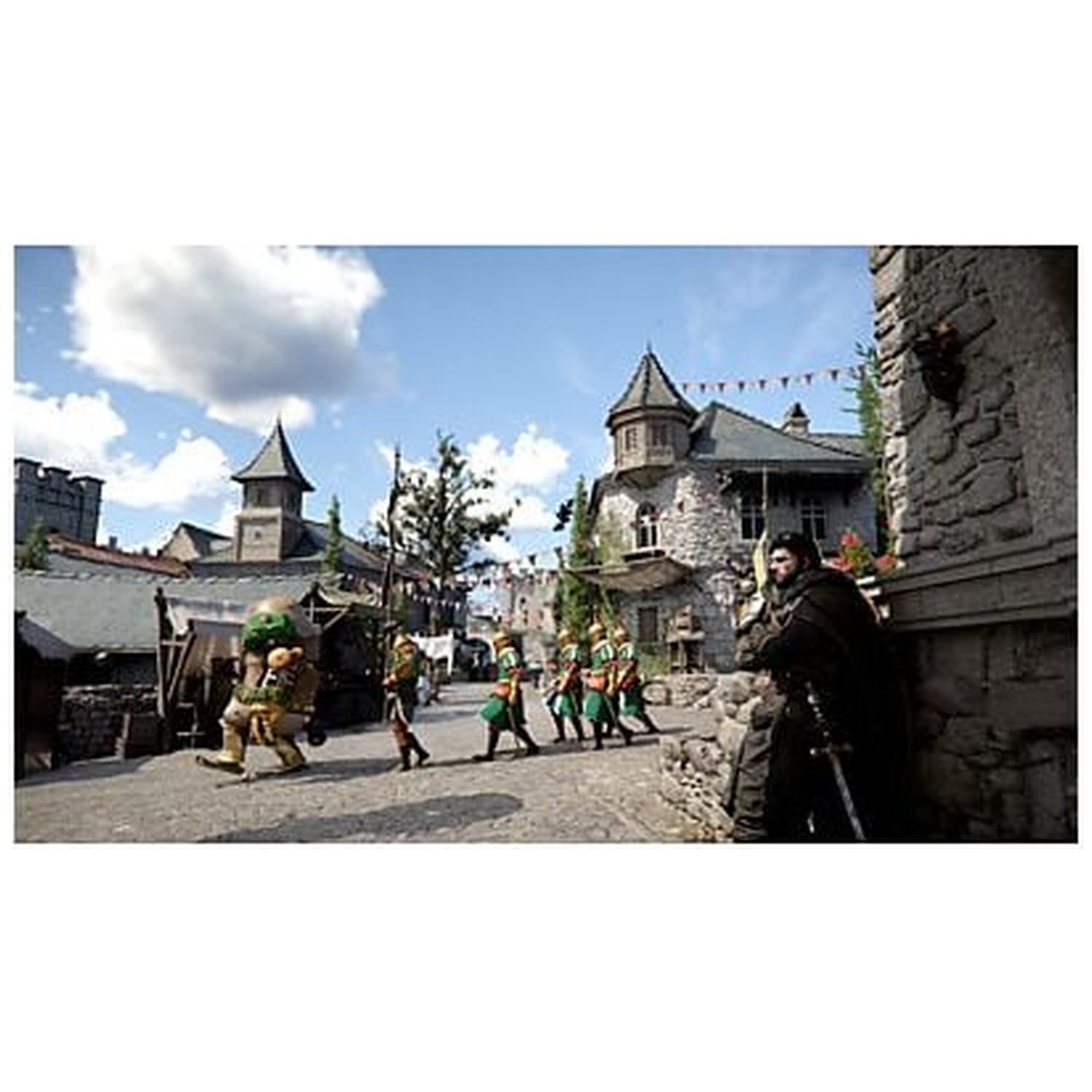 Medieval scene. People in costume walk on a cobblestone street. Buildings with towers and flags in the background, blue sky with clouds.