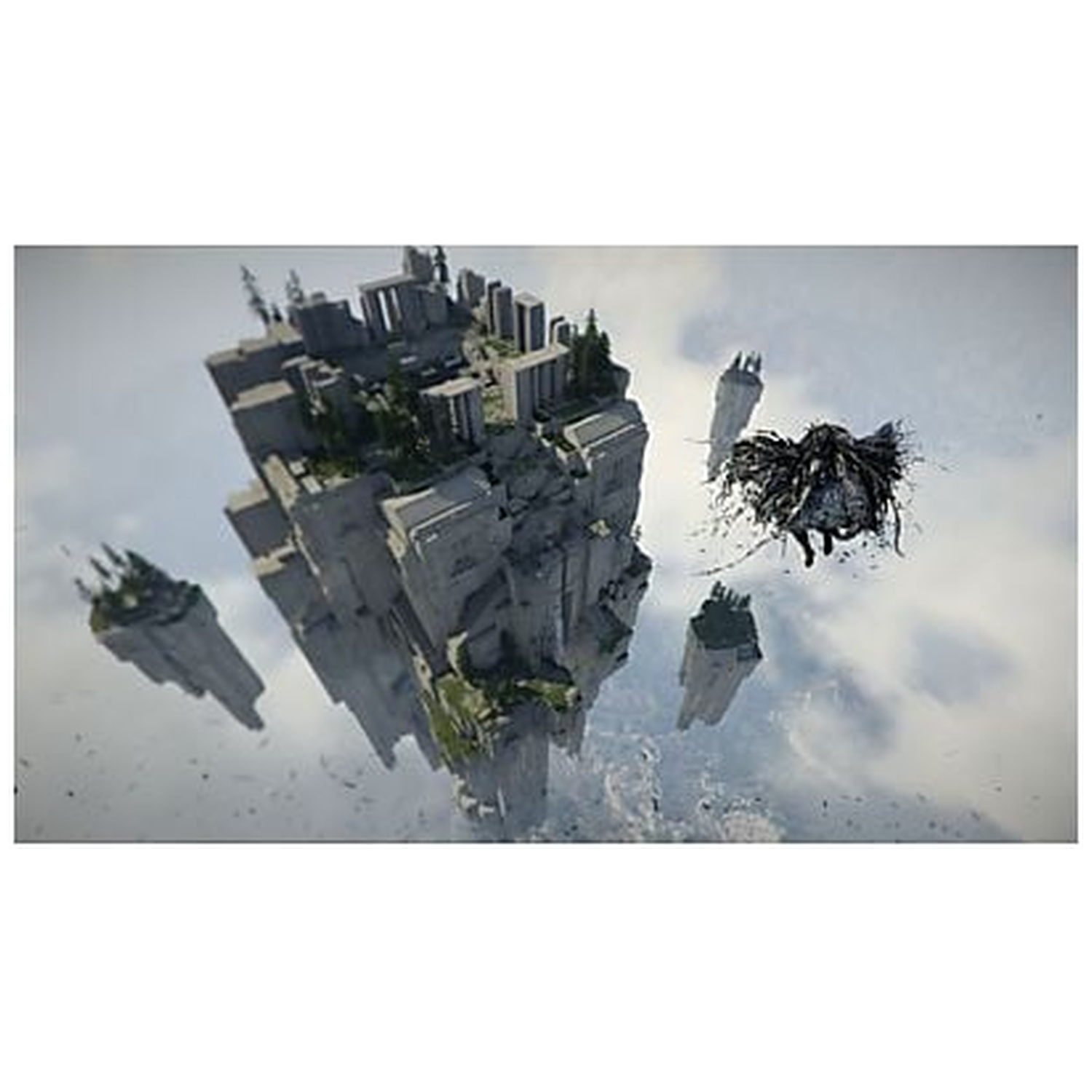 Floating stone islands with structures and vegetation in a cloudy sky. A dark, winged creature is in the air.