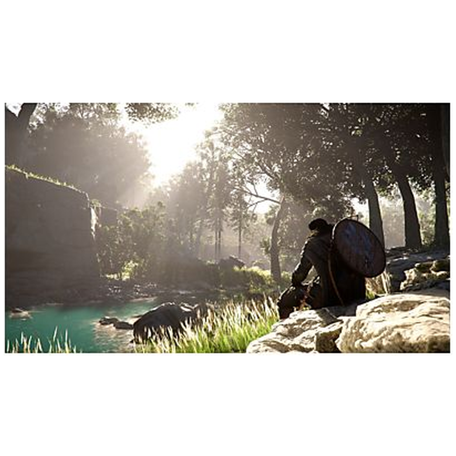 A person with a shield sits by a teal lake, surrounded by trees. Sunlight streams through the trees, creating a scenic view.