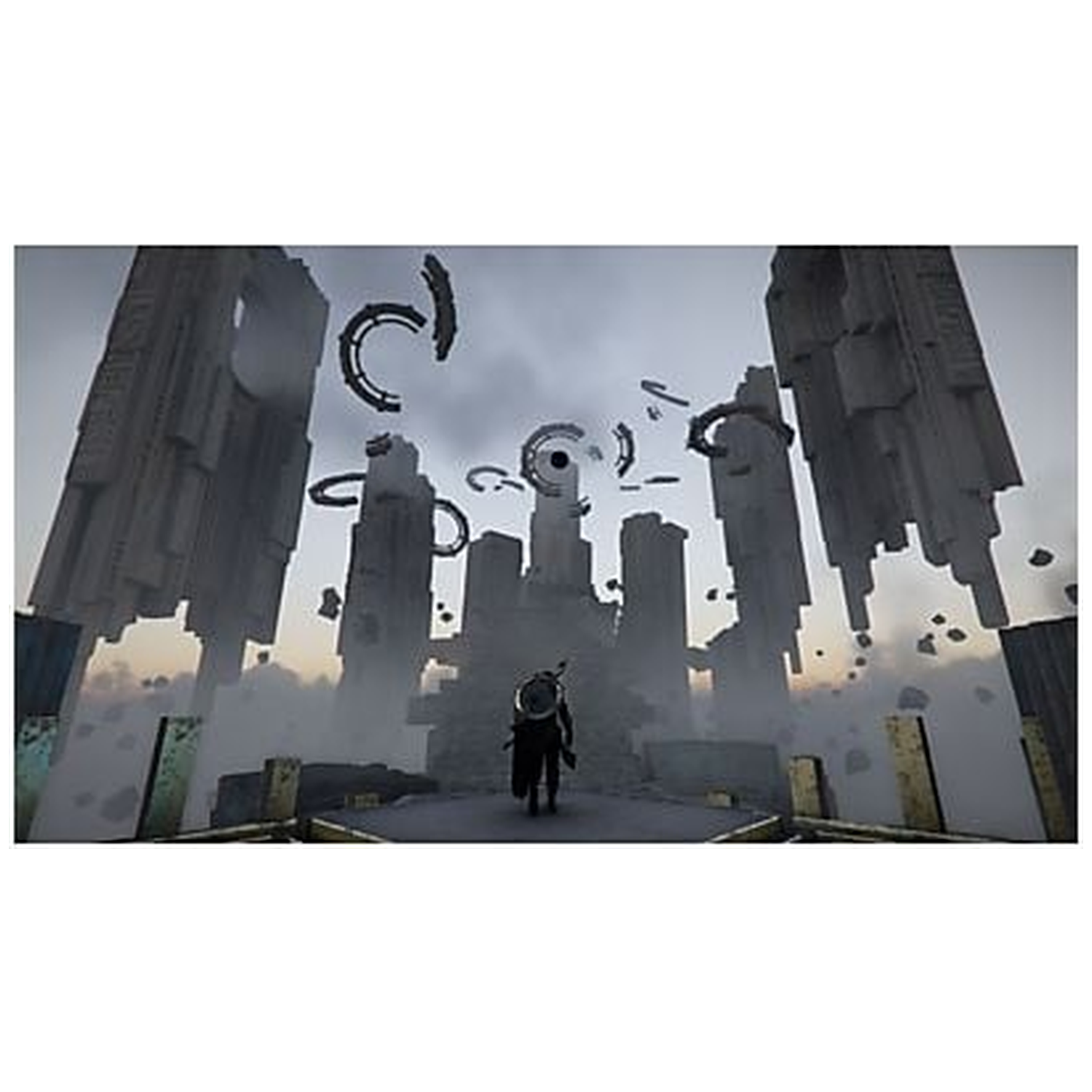 A lone figure walks towards a towering structure with floating rings. The scene is overcast with a mix of grey and orange hues.