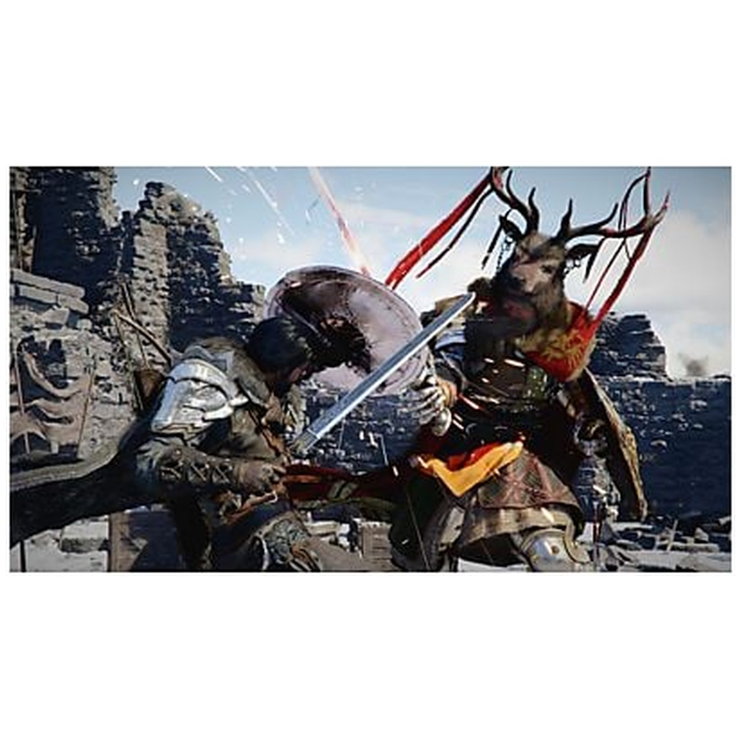 A warrior battles a deer-headed figure. They clash swords near stone ruins. Sparks fly during the fight. Both figures wear armor.